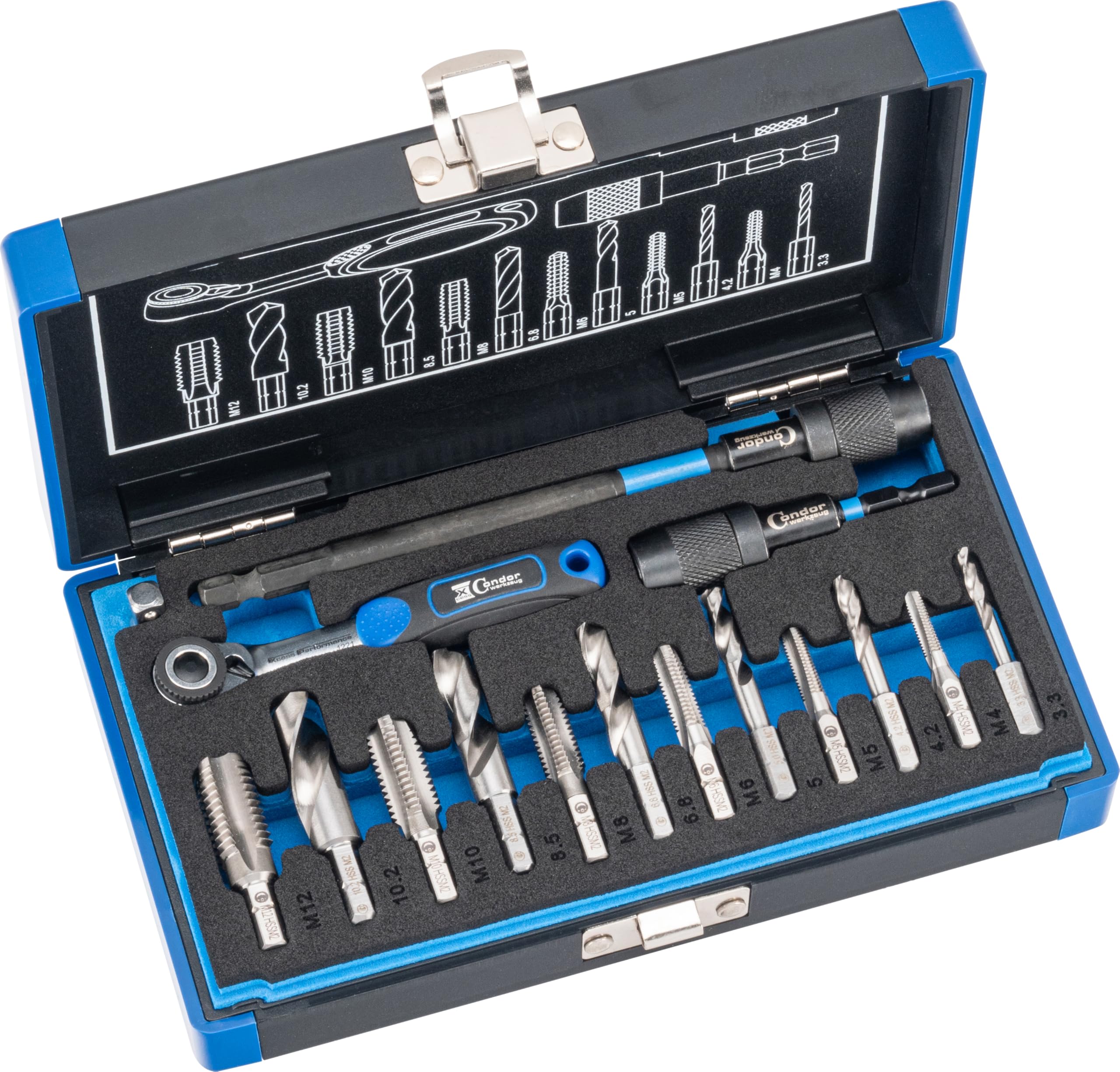 CONDOR Werkzeug 39602 | Kernloch Spiral- und Gewindebohrer-Bit-Satz mit Knarre & Adapter | 16-TLG. | 1/4" 6-Kant-Antrieb | M4-M12 | Xcess Performance | HSS Bohrer Set Profi Werkzeug