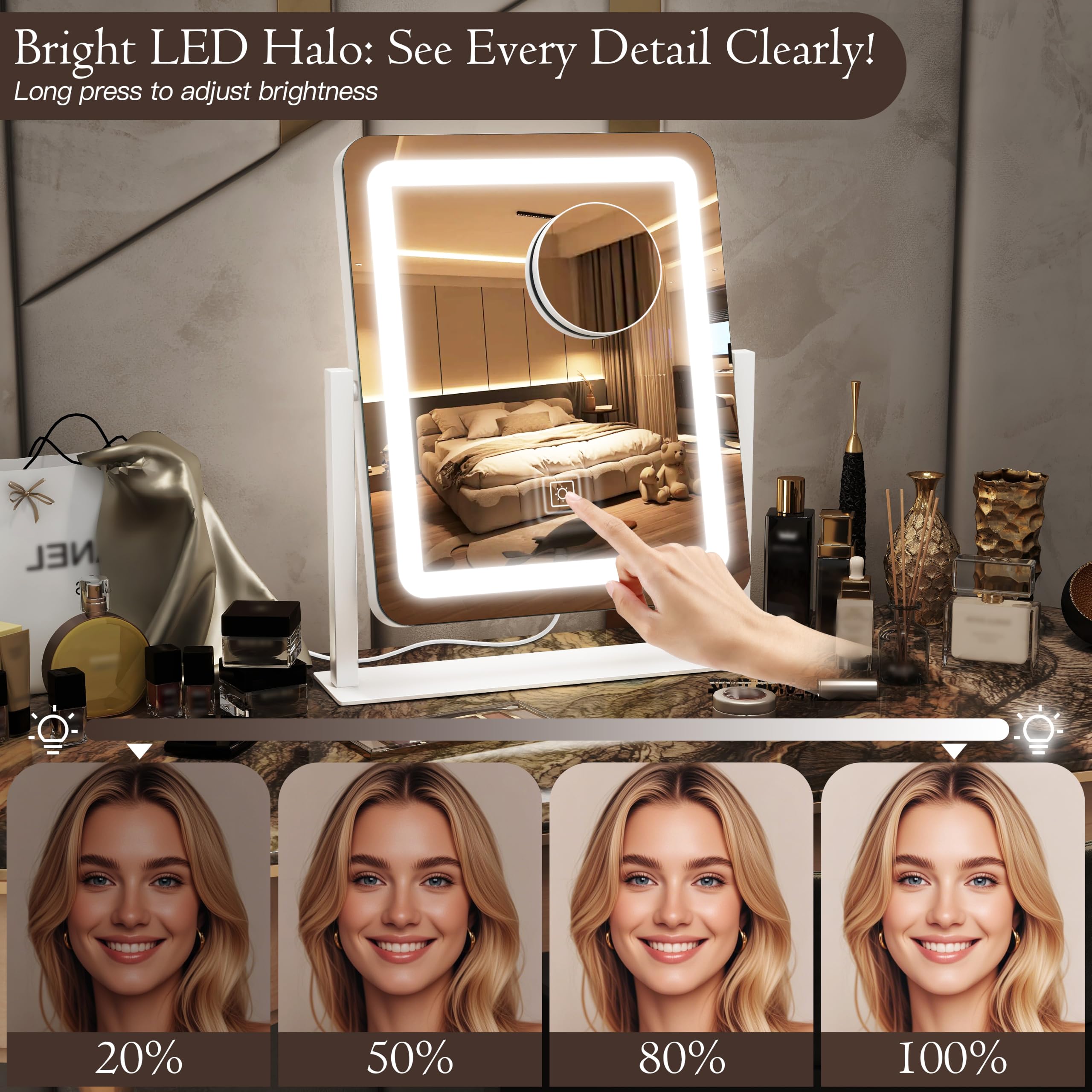 Espejo de tocador LED con luces, espejo de maquillaje iluminado con aumento, 3 luces de color de brillo ajustable, rotación de 360°, espejo cosmético desmontable para mesa de dormitorio