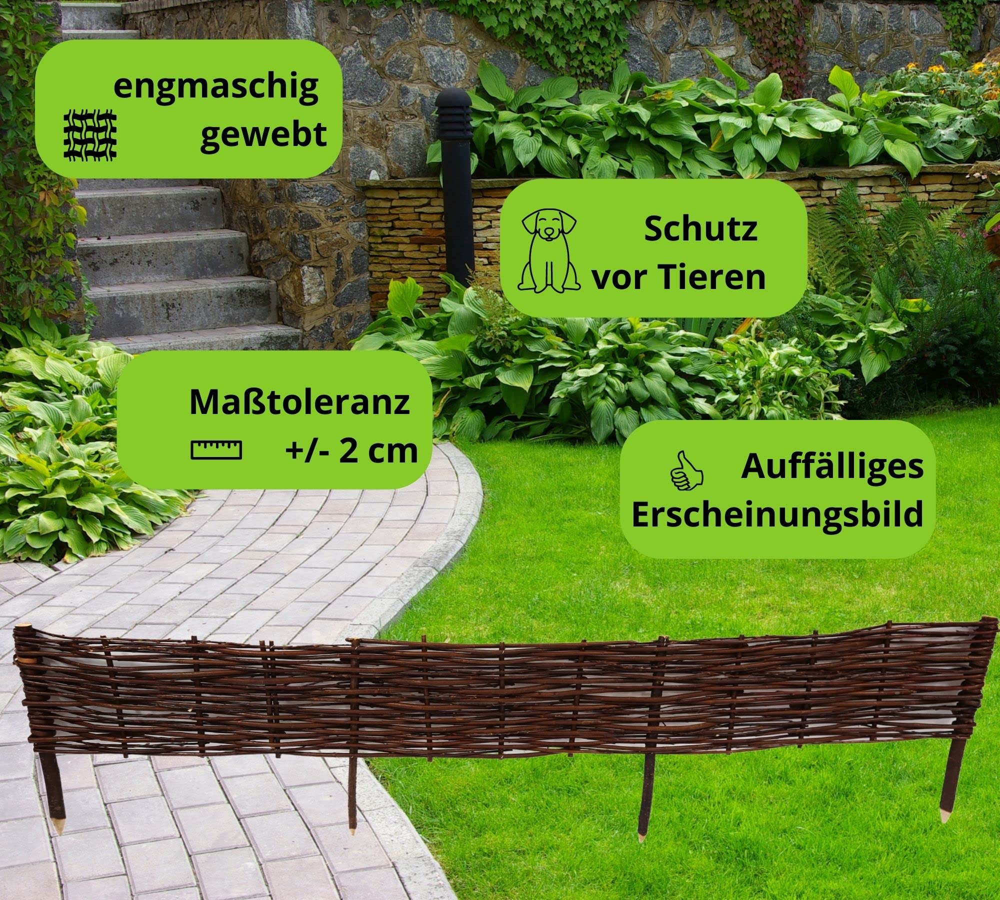 Paquete de 10 Borduras para Jardin - 100 cm x 20 cm - Natural - Hecha a Mano - para Parterres, Huertos, Camas - Vallas para Jardin - Exterior