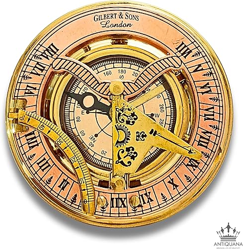 Miniatura 2 de ANTIQUANA Brújula de reloj de sol de latón antiguo y cobre, reloj de reloj de sol en caja regalo reloj de sol barco réplica reloj (BS1)