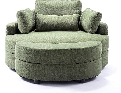 Miniatura 5 de Silla de barril de acento de gran tamaño con reposacabezas extraíble, otomana de almacenamiento y 4 almohadas, barril de tapicería de lino de 51.2