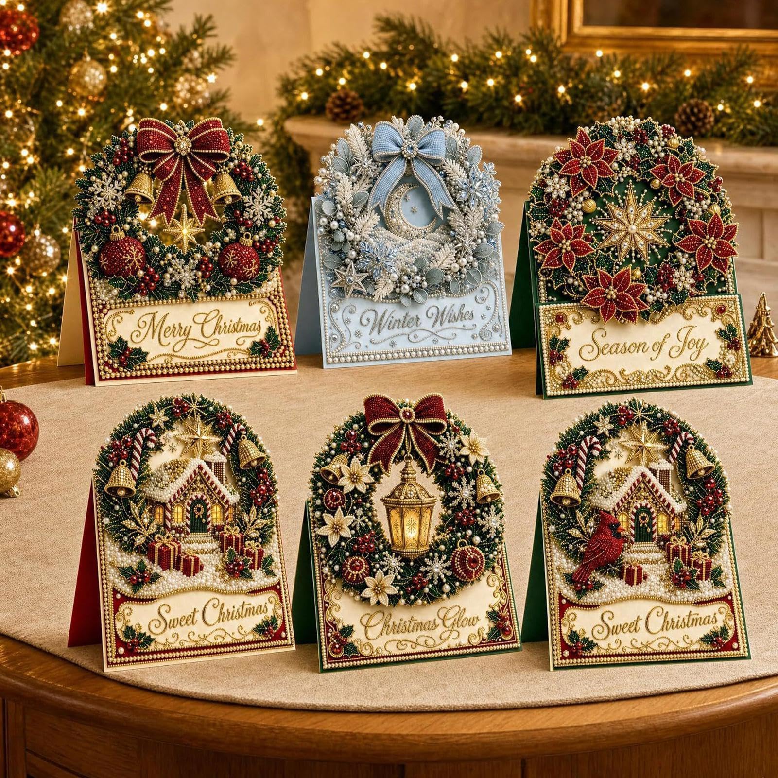 DIY Pearl Diamond Art Christmas Cards, 6PCS Diamond Art Painting Cards Kit