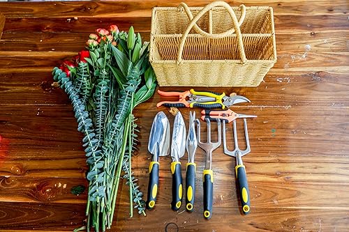 Miniatura 3 de (amarillo), juego de herramientas de jardinería, equipado con cesta de almacenamiento de ratán, 5 herramientas manuales de aleación de aluminio y 3