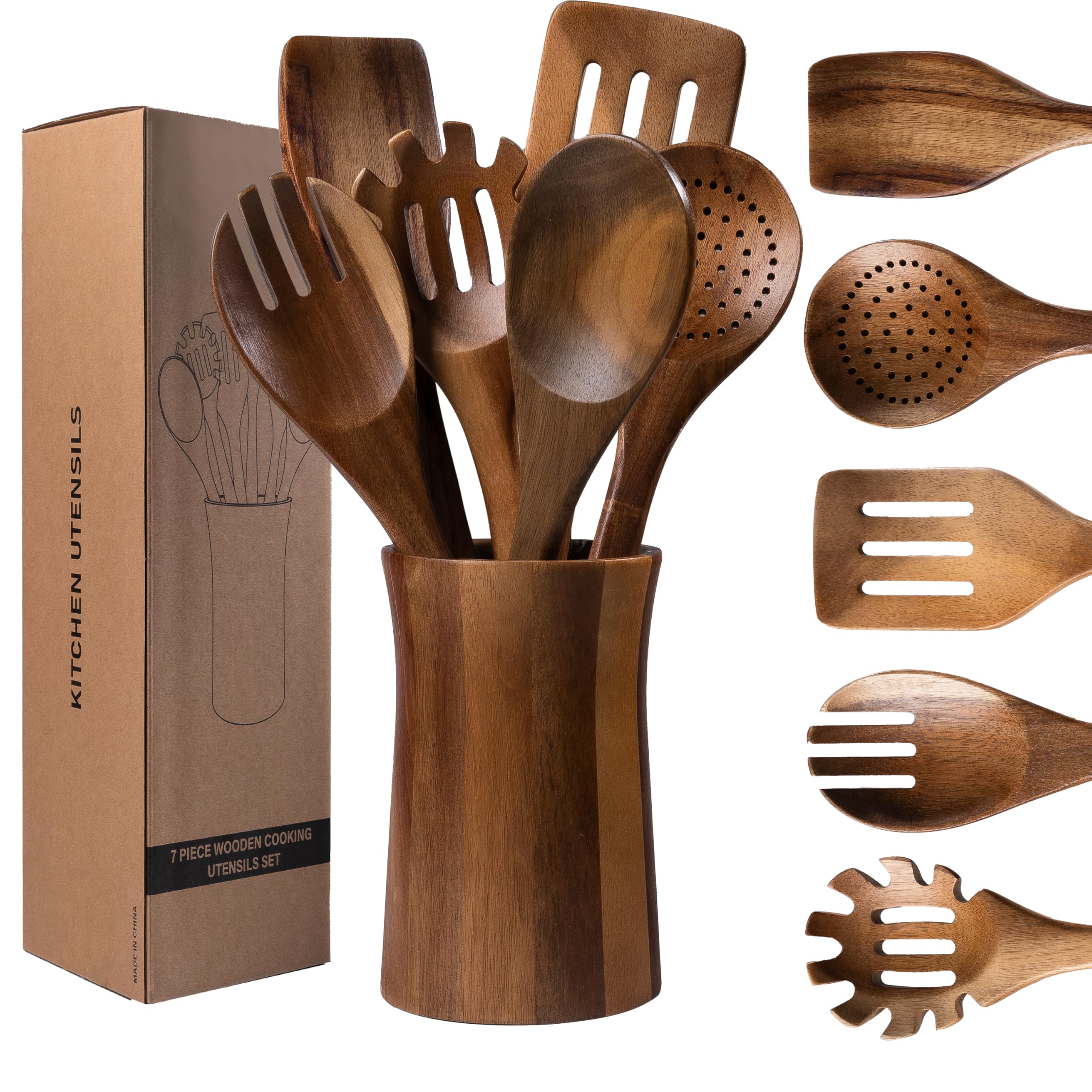 7-teiliges Küchenhelfer-Set aus natürlichem Akazienholz mit Halter – Holzlöffel und Gabel zum Kochen, Komfortgriff, Kochlöffel, Spatel, Sieblöffel, Salatgabel, Rührlöffel und Utensilienhalter