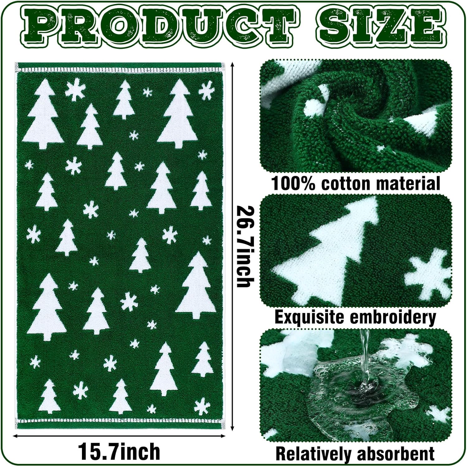Tudomro 2 Pcs Christmas Hand Towels Christmas Green Tree Bathroom Winter Decorative Towels 100% Cotton Thick Jacquard Weave Bath Decor Holiday Bathroom Decor for Kitchen Xmas Gifts - Image 2