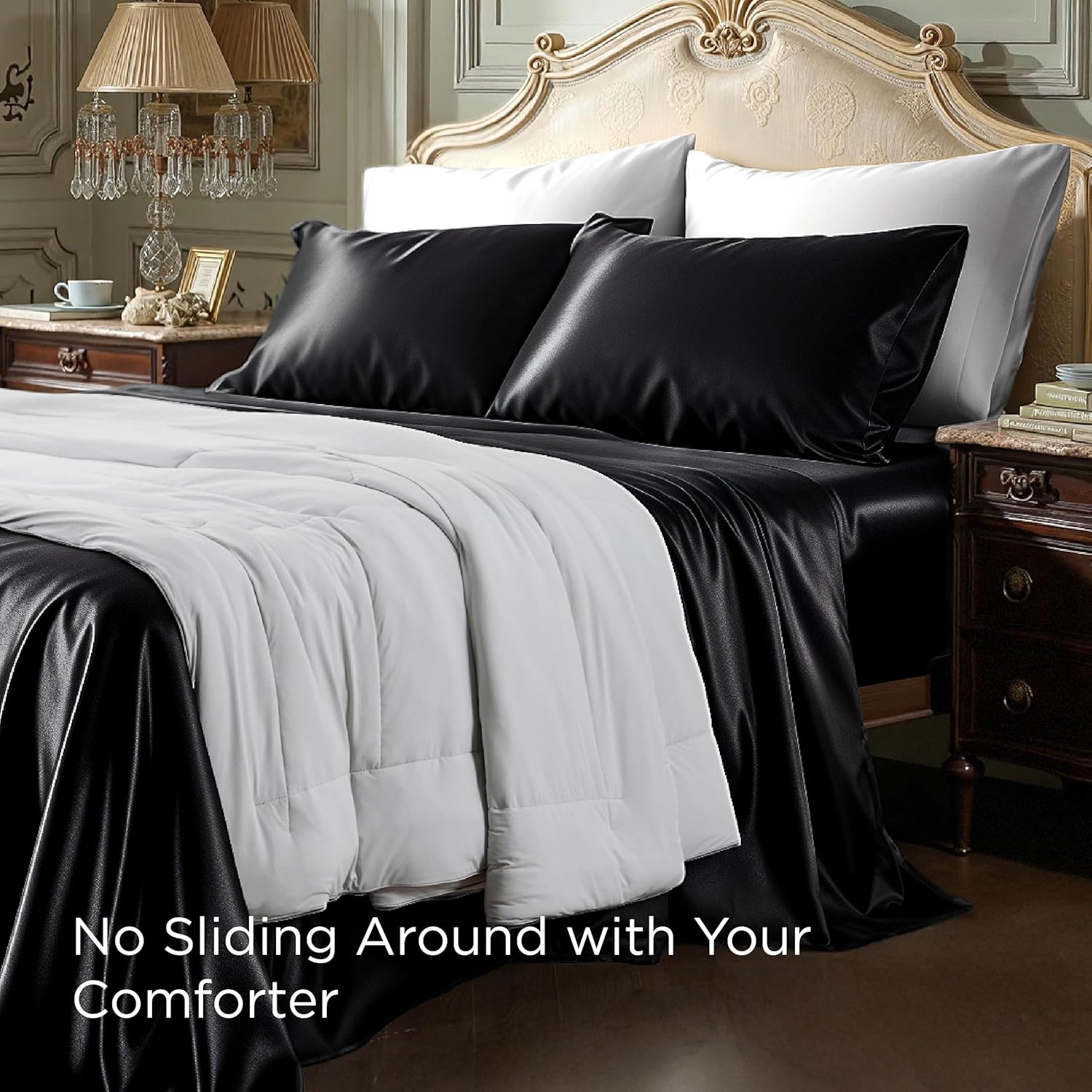 Bedsure Black Satin Sheets Full Size - 4 Piece Silky Bedsheets with 15 Inches Deep Pocket Fitted Bedsheet,1 Flat Sheet, 2 Satin Pillowcases, Good for Hair & Skin (Full, Black)