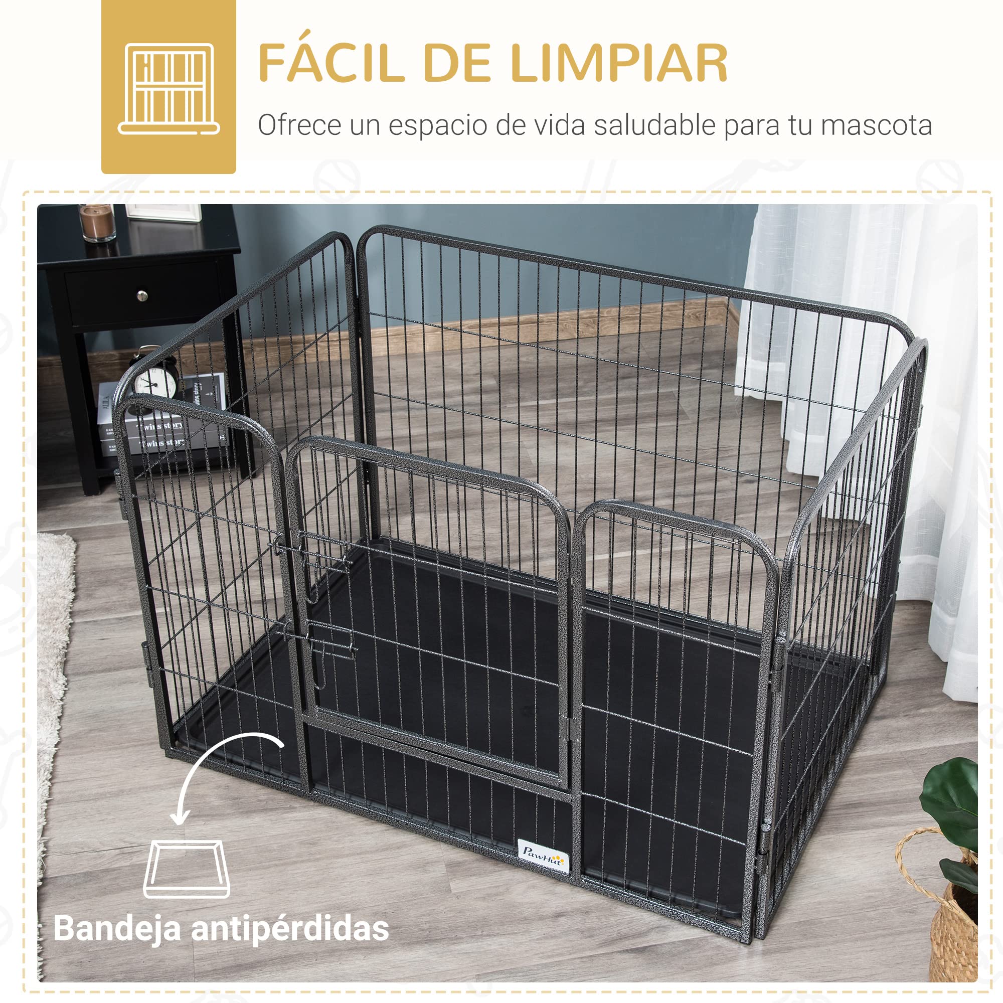PawHut Box per Cani Recinzione in Metallo per Animali con 4 Pannelli, Porta con Doppio Blocco e Vassoio sul Fondo, 109x74x71cm, Grigio