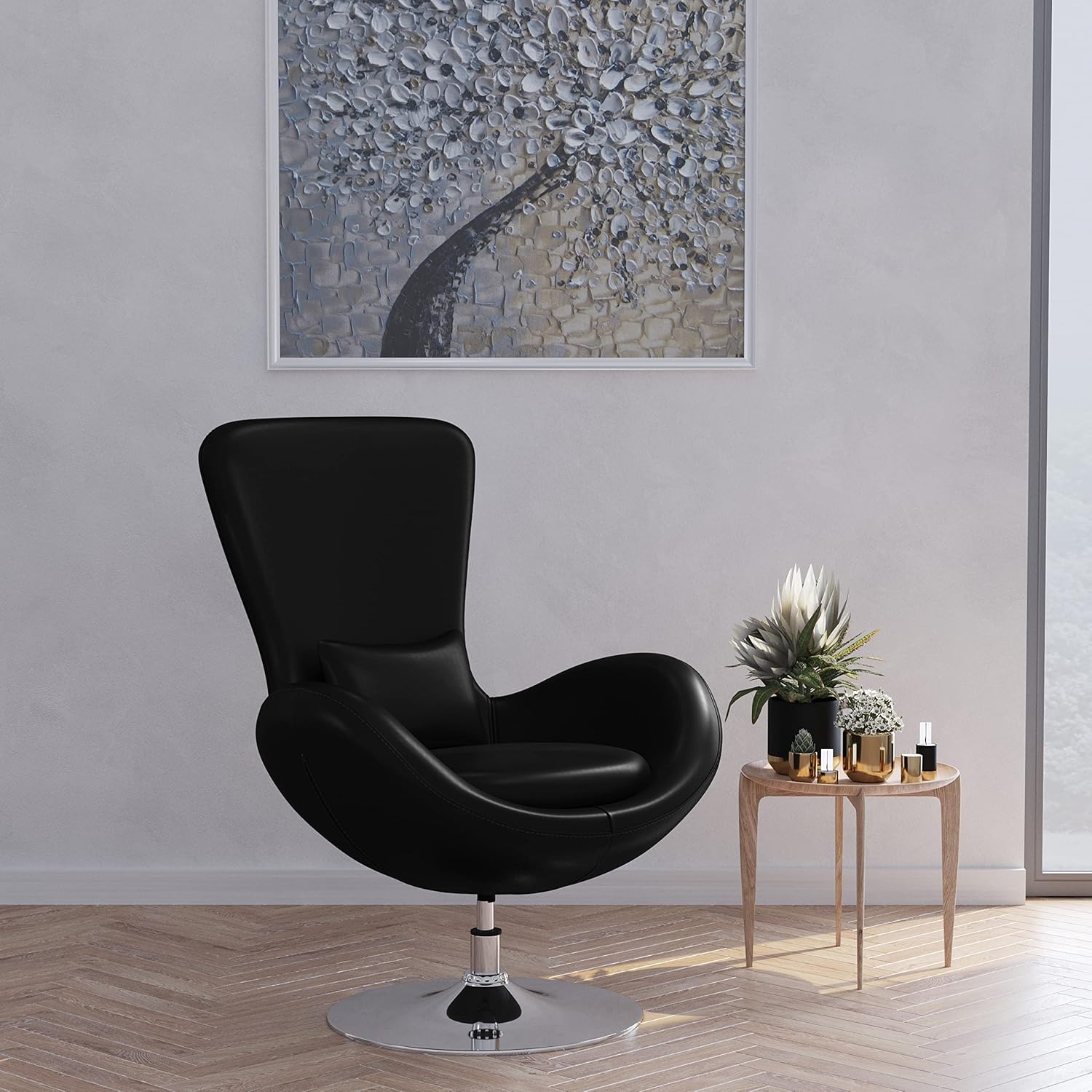 Merrick Lane Soro High-Back Egg Style Lounge Chair - Modern Black Faux Leather Upholstery - 360° Swivel Chrome Base