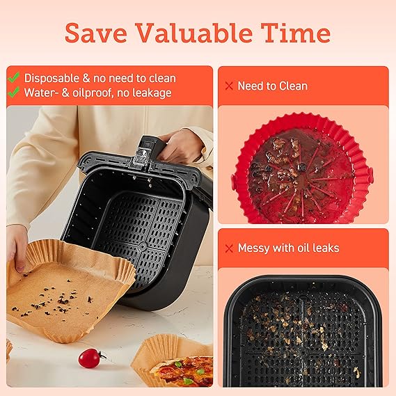 Cosori Air Fryer Liners, 100 PCS Square Disposable Paper Liners, Non-Stick Silicone Oil Coating, Little to No Cleaning, 7.9 Unbleached Food Grade, Resistant to 465F, Thickened Not Easy to Break