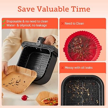 Cosori Air Fryer Liners, 100 PCS Square Disposable Paper Liners, Non-Stick Silicone Oil Coating, Little to No Cleaning, 7.9 Unbleached Food Grade, Resistant to 465F, Thickened Not Easy to Break
