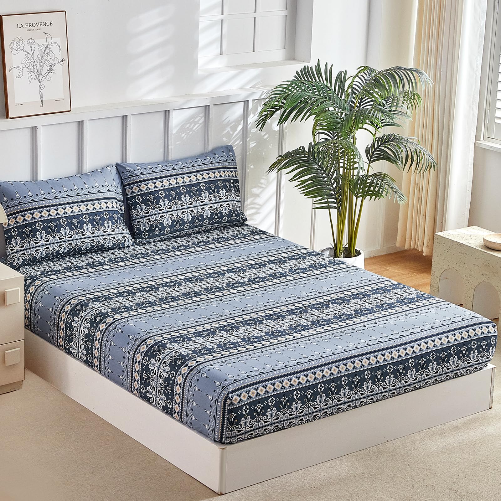 Tokokimo Double Fitted Sheet with 2 Envelope Pillowcases - Soft Microfibre Geometric Striped Bohemian Navy Blue Fitted Bed Sheets Double 35cm Deep Fit, 135x190 cm (Fits Mattress Up to 35cm Deep)