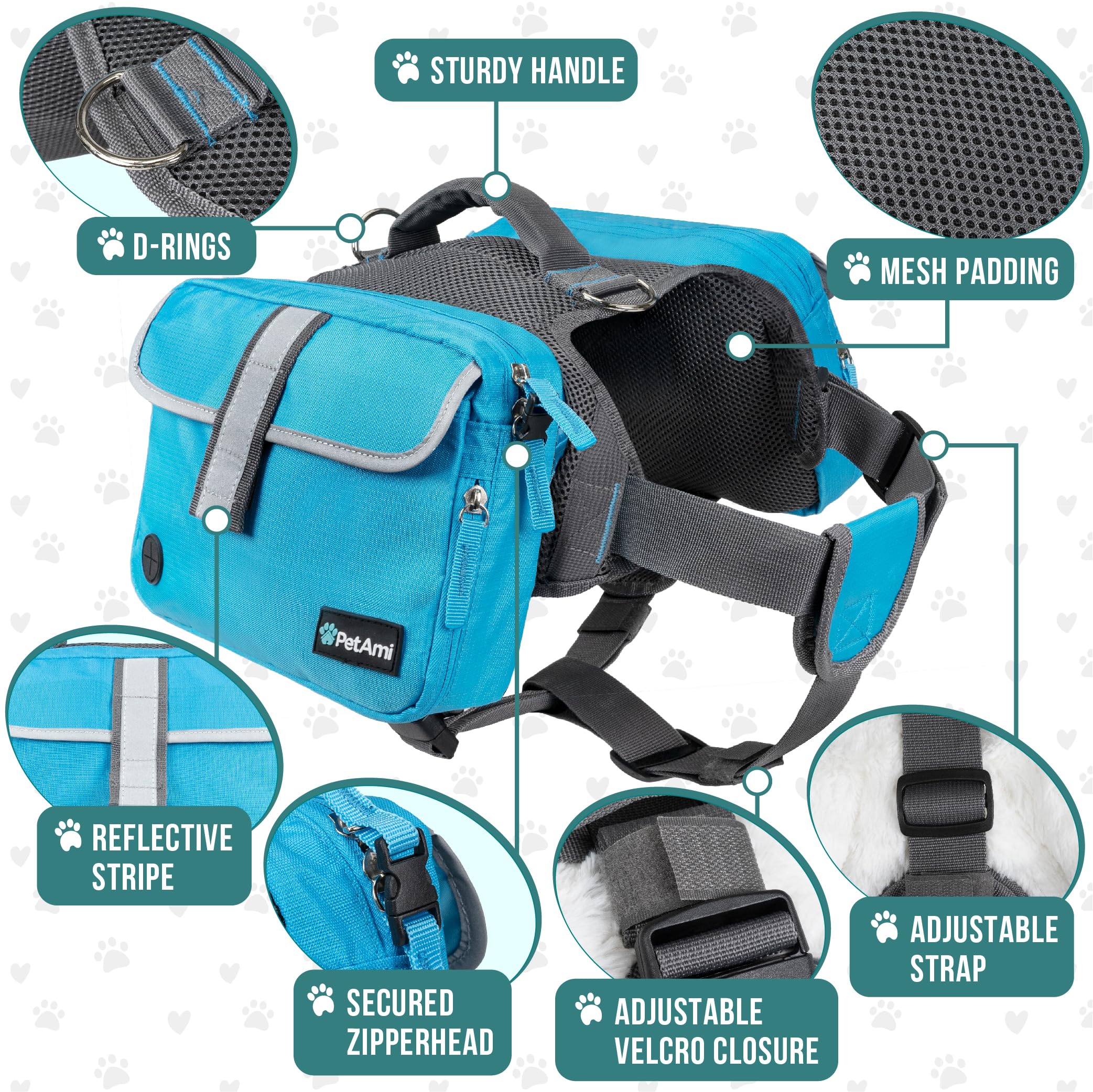PetAmi Mochila para perros medianos y grandes, bolsa de sillín para perros para llevar, arnés con bolsillos laterales reflectantes de seguridad para senderismo, camping, chaleco para viajes (azul,