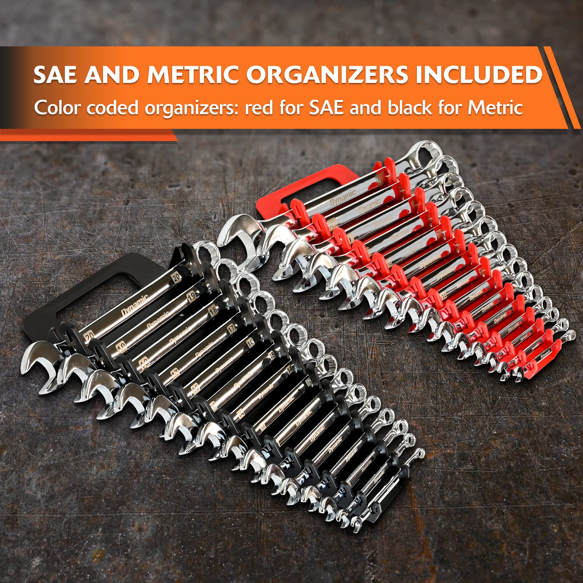 Dynamic 2 Pc Wrench Holder Set, Red and Black, SAE and Metric Wrench Organizer, Holds Up to 30 Wrenches