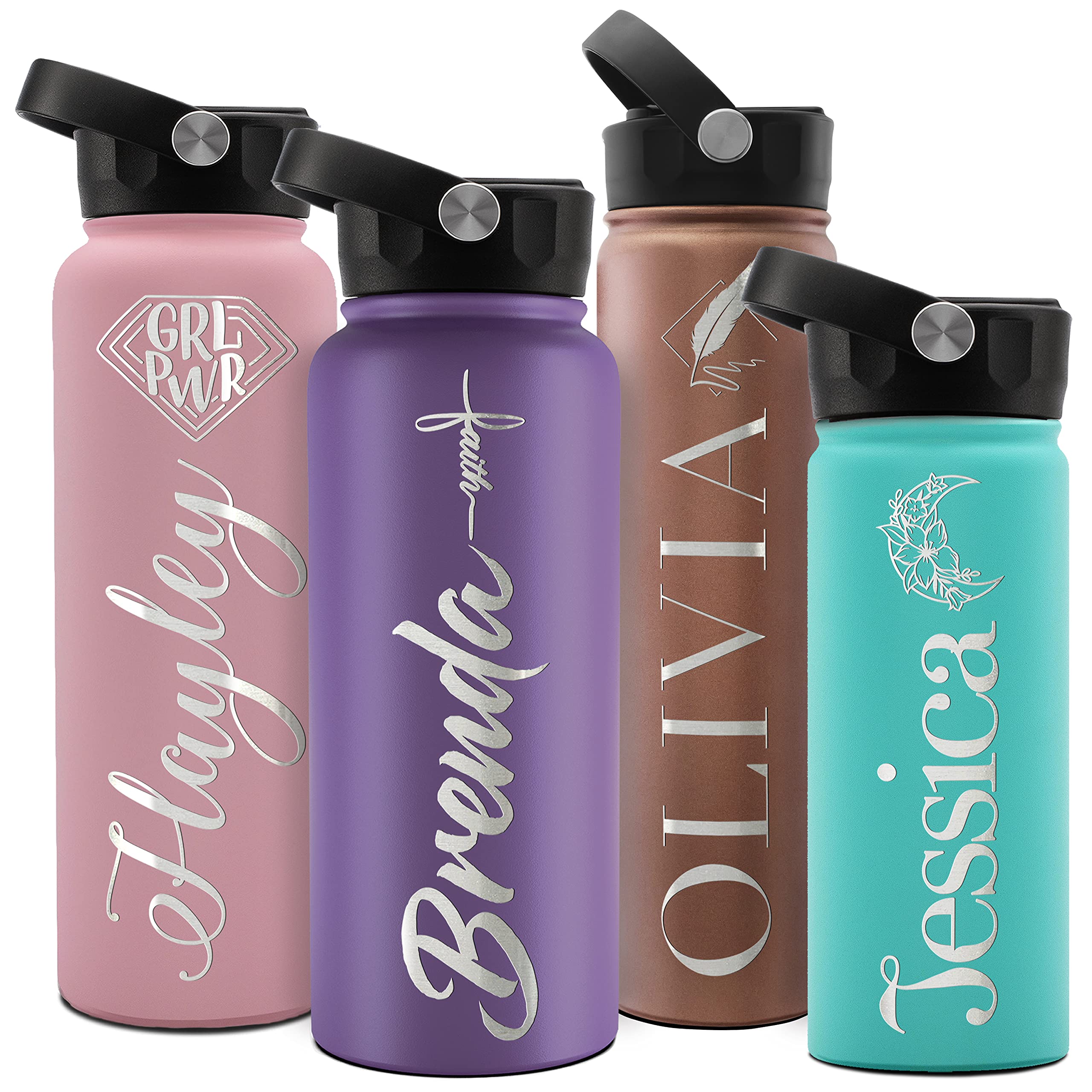 Personalized Water Bottle with Straw Lid & Engraved Name - 24 Oz - 20 Icons, 20 Font, 8 Colors - Gifts for Her, Gifts for Girlfriend, Sister, Personalized Gifts for Women