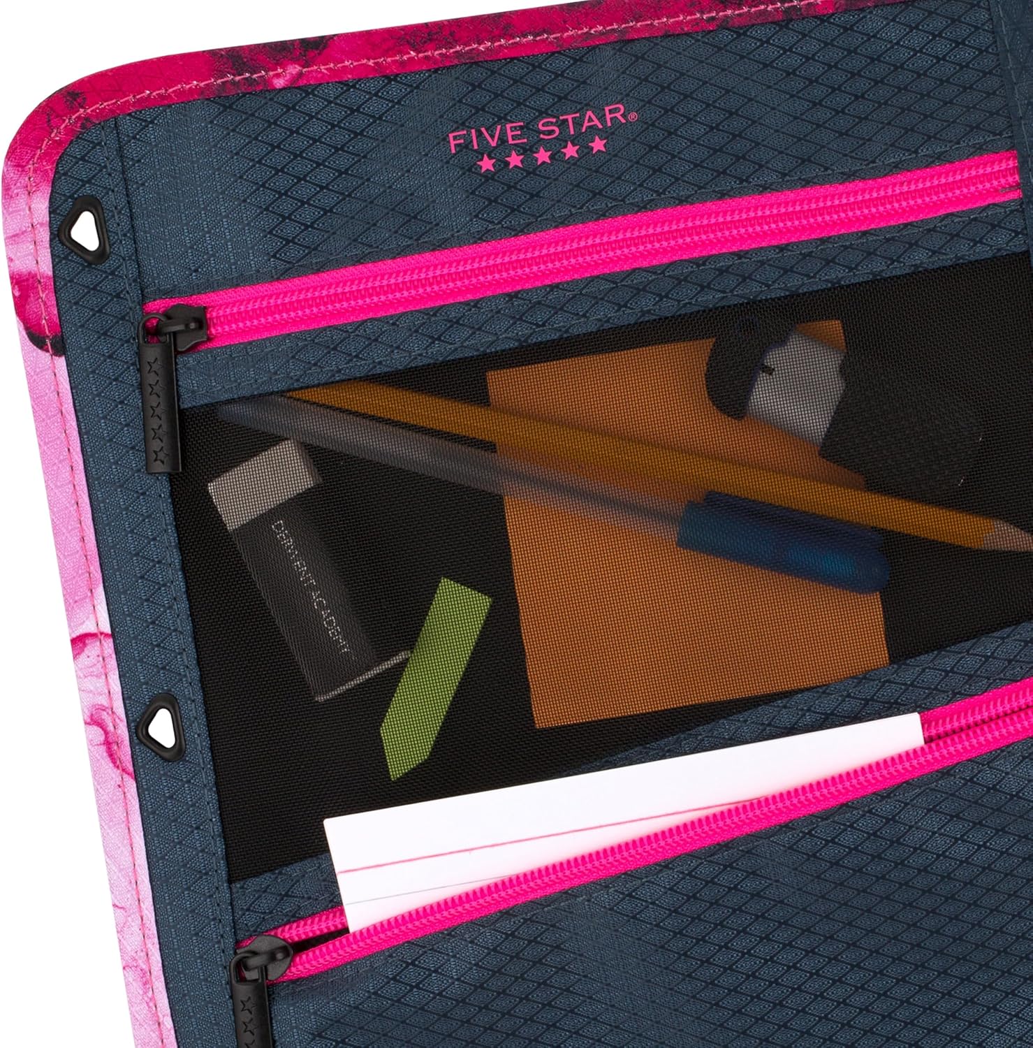 Five Star Pencil Pouch, Pen Case, 3-Pocket Zipper Pouch, Fits 3-Ring Binder, Storage Organizer for Classroom Supplies Earbuds Chargers Cables Makeup, Navy/Pink (506420B-ECM)