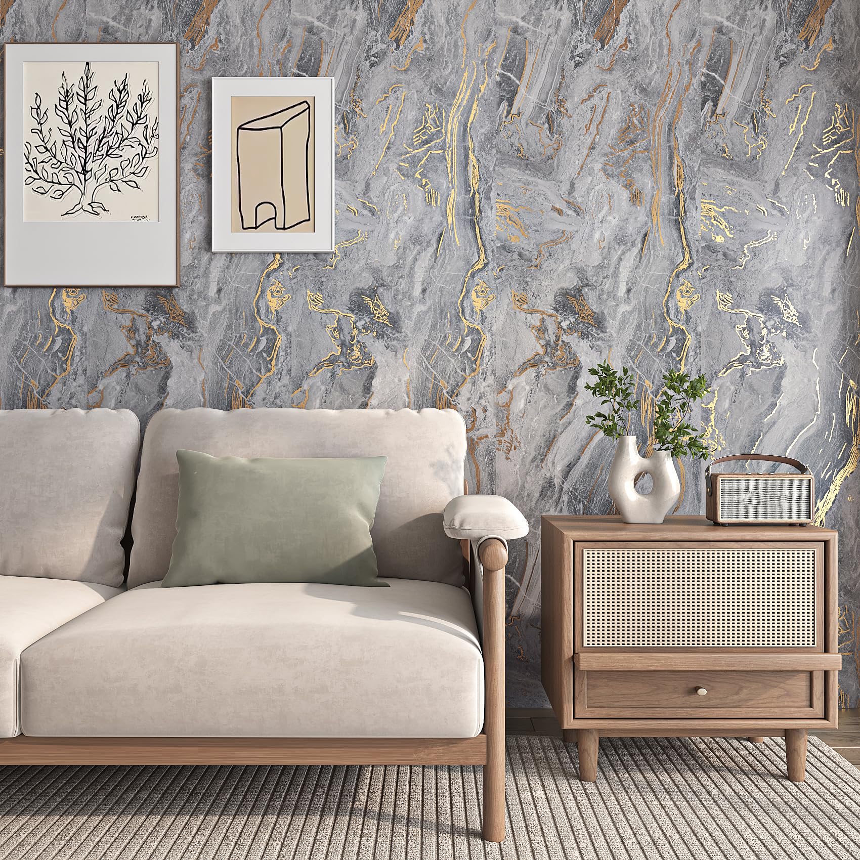 Livelynine Marmor Folie Selbstklebend Grau mit Vene Gold 500CM x 90CM Breit Marmor Tapete für Wand Grau Gold Wohnzimmer Schlafzimmer Abwaschbare Folie Arbeitsplatte Küche Badezimmer Klebefolie Küche