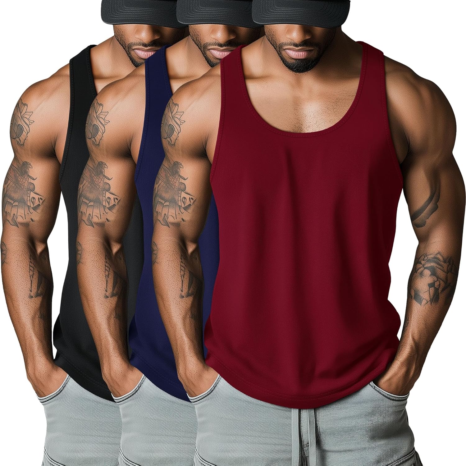 Riyiper 3 Pack Men's Big and Tall U Neck Tank Tops M-5XL Sleeveless Compression Tees Beach Casual Summer Muscle Basic Shirts