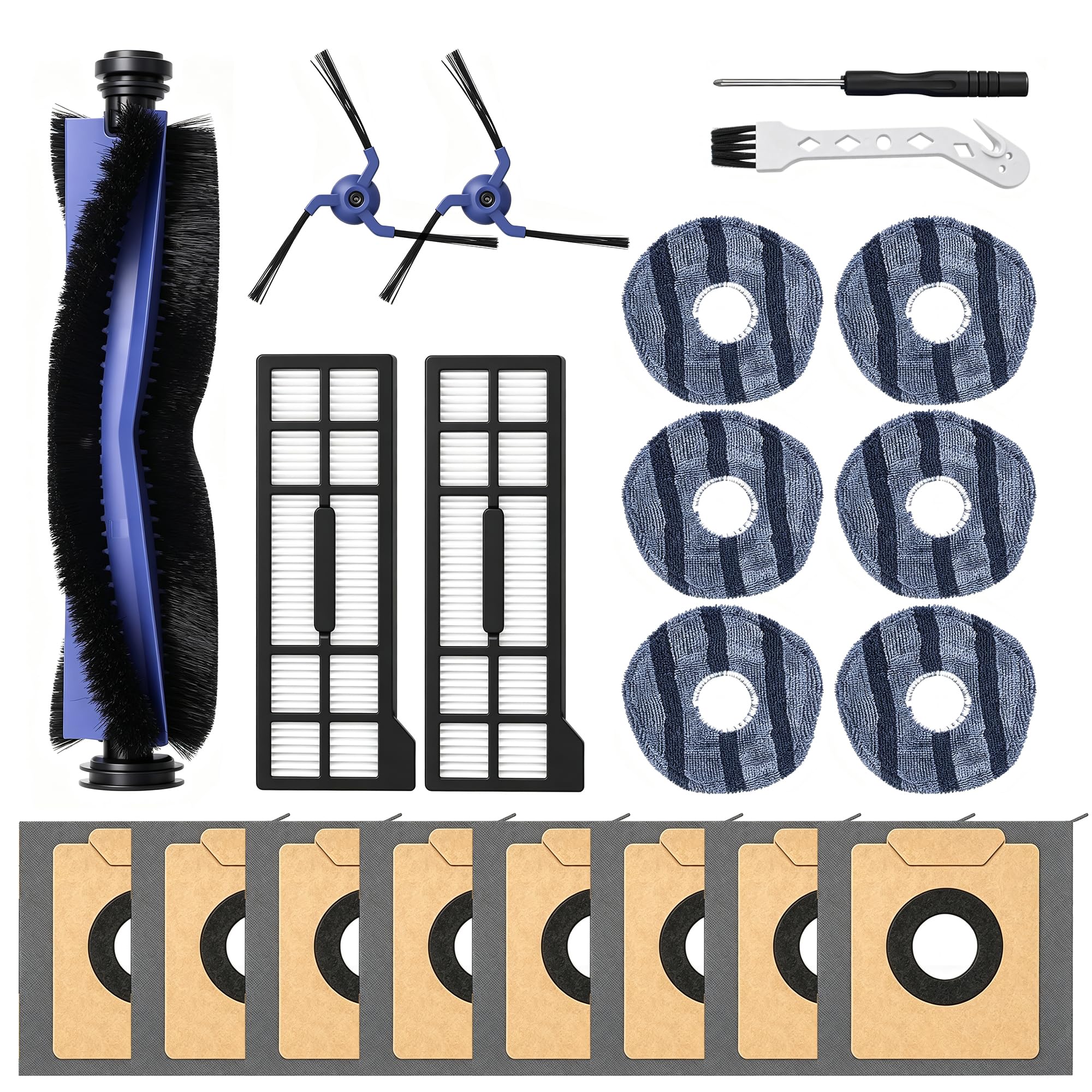 BSMIR 21 Pack Replacement Accessories Kit Compatible with eufy X10 Pro Omni, 8 Dust Bags, 6 Mop Pads, 2 Filters, 2 Side Brushes, 1 Roller Brush, Screwdriver and Cleaning Brush