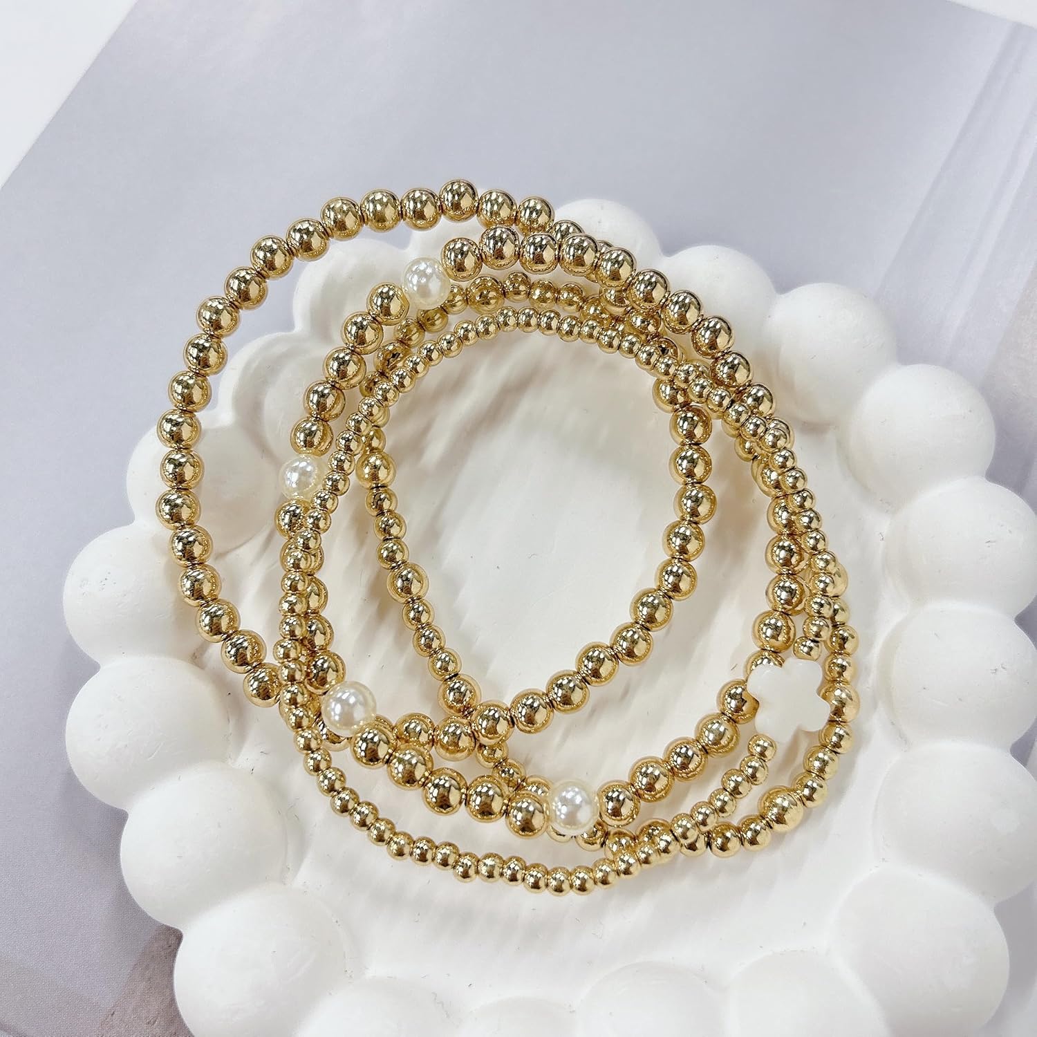 Cross Pearl Gold Beaded Bracelet Set for Women Handmade 4PCS Stack Dainty Round Ball Beads Layered Strand Stretch Stackable Boho Elastic Bracelets Bohemian Trendy Jewelry Fashion Non Tarnish - Image 6