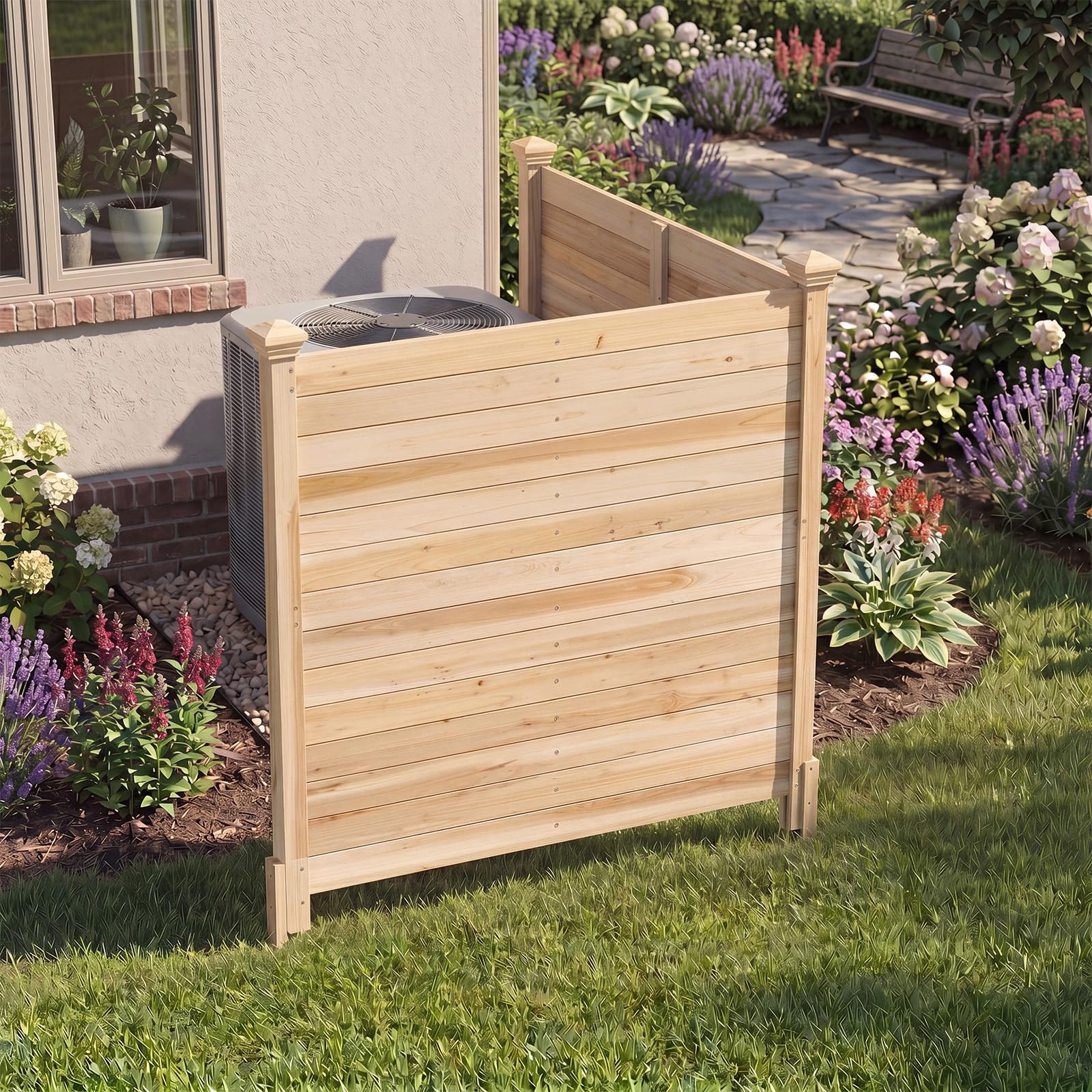 HOMASIS Valla de Privacidad de 2 Paneles, Cerramiento de Madera de Abeto para Aire Acondicionado, Cubo de Basura, Equipos de Pisicina, Barrera para Exterior, 119 x 119 x 115,5 cm (Natural)
