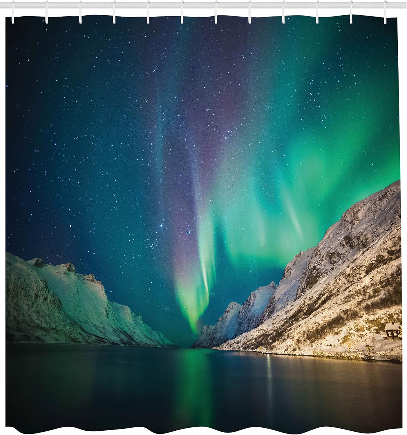 Ambesonne Nature Shower Curtain, Aurora Borealis Above The Rocky Hills Magnetic Poles Solar Space Panorama, Cloth Fabric Bathroom Decor Set with Hooks, 69" W x 84" L, Jade Green