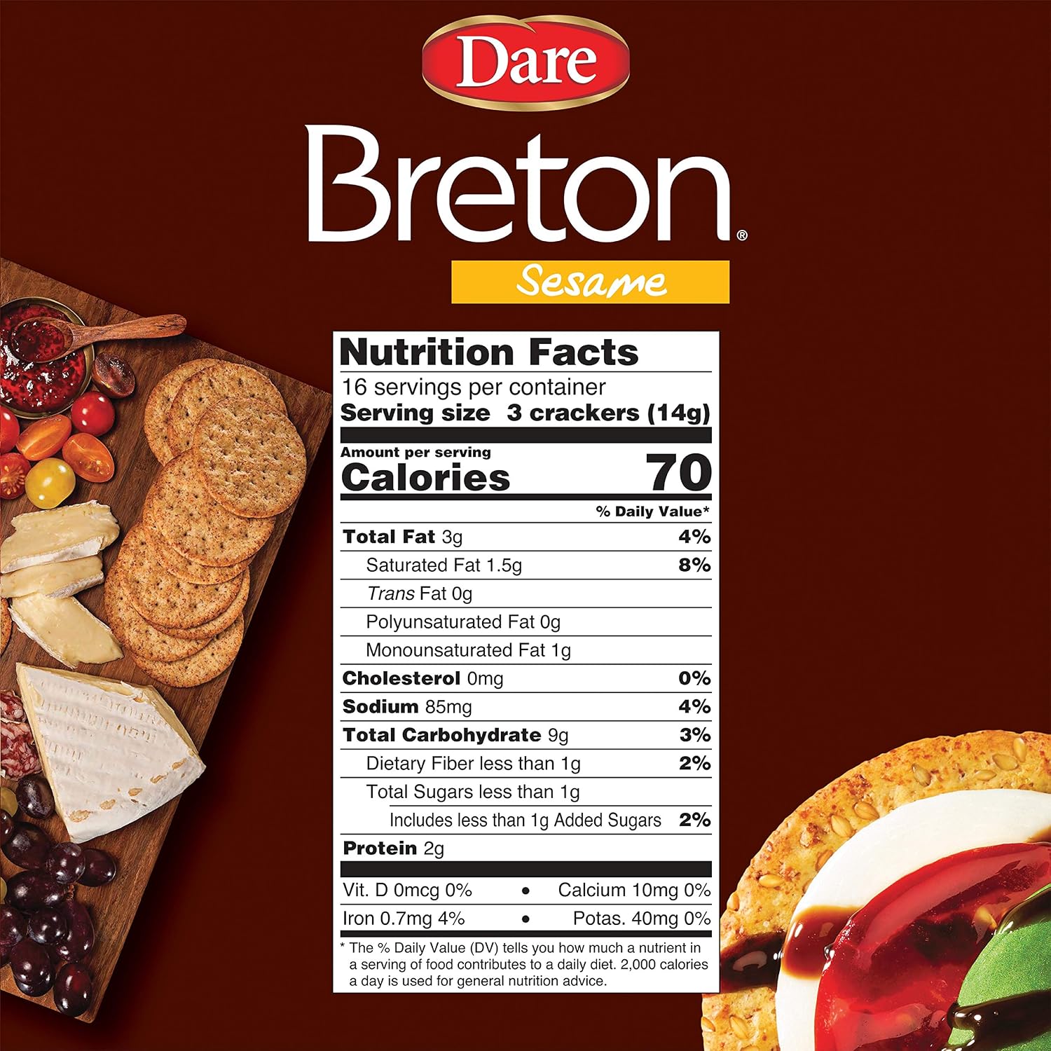Dare Breton Crackers – Party Snacks with no Artificial Flavors and 0g of Trans Fat per Serving – Sesame, 96 Ounce, (Pack of 12)