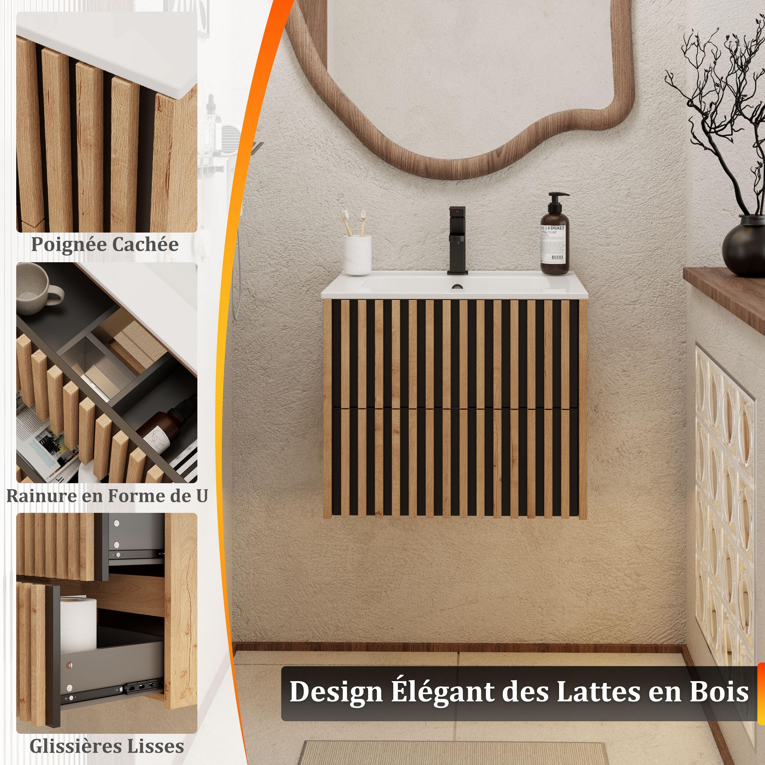UEV Meuble Salle de Bain 60cm, Meuble Suspendu avec Lavabo en Céramique, Deux Tiroirs avec Grand Espace de Rangement, Poignée Cachée, Motif de Ligne, 60 x 45 x 50cm, Naturel