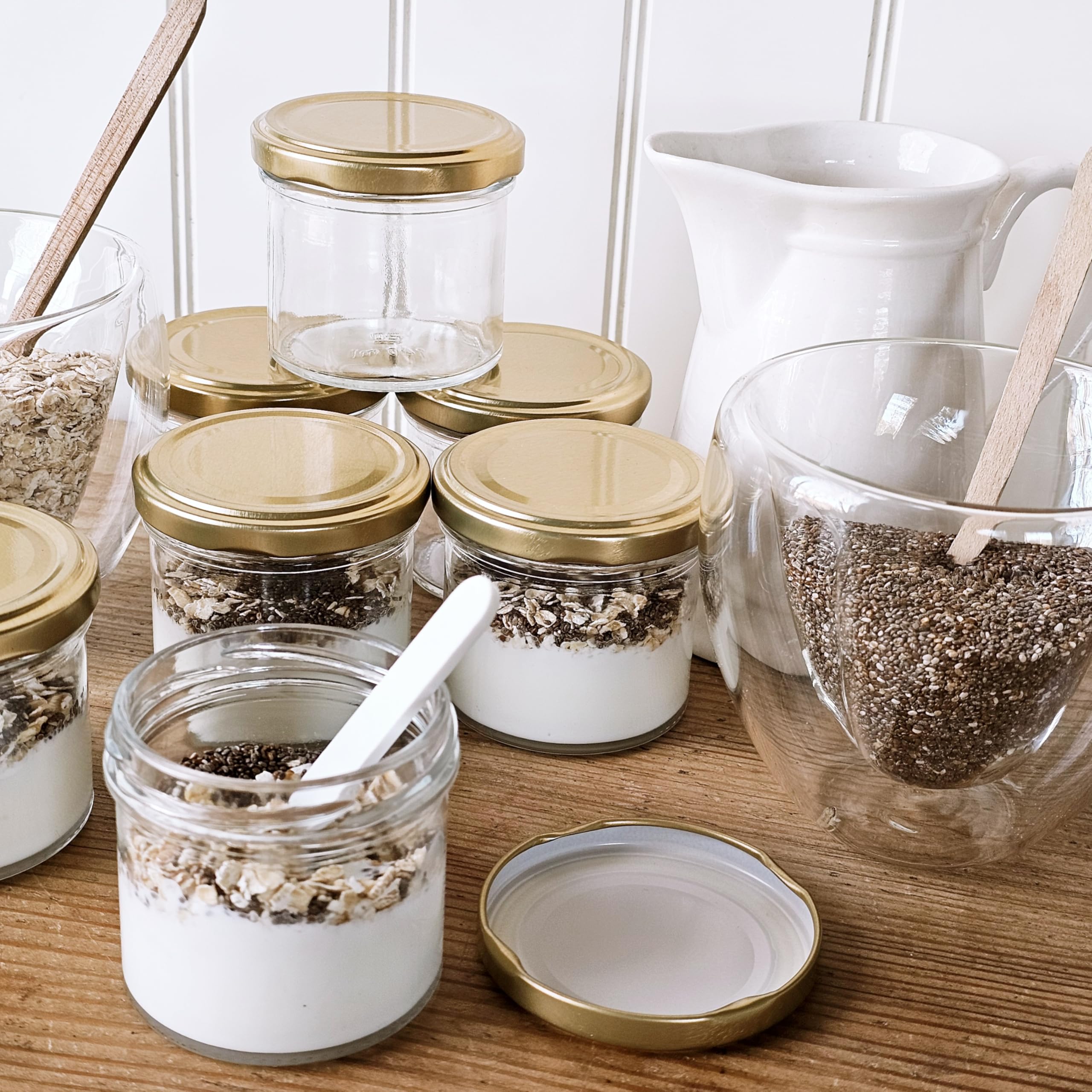 Einmachgläser 140 ml mit Twist-Off Deckel Ø 66 mm – Marmeladengläser mit Deckel Gold- Einweckgläser mit Etiketten - Gläser für Marmelade, Honig & Desserts – gläser - Einmachglas (Gold, 96)