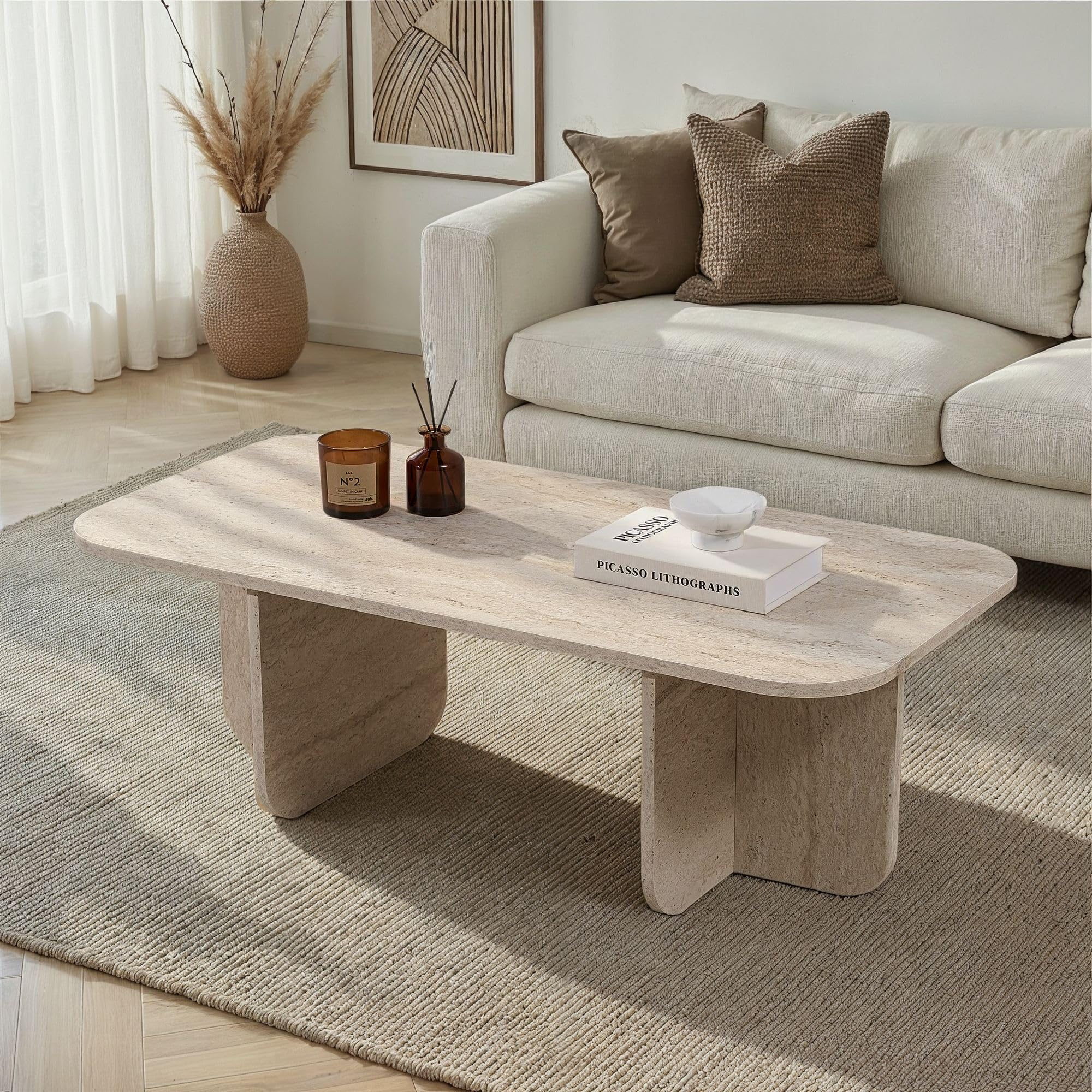Stilvoller Couchtisch, Travertine-Farbe, 120 x 60 x 41 cm | 100% melaminbeschichtete Spanplatte, 18 mm dick | perfekt für Moderne Wohnzimmer & Räume