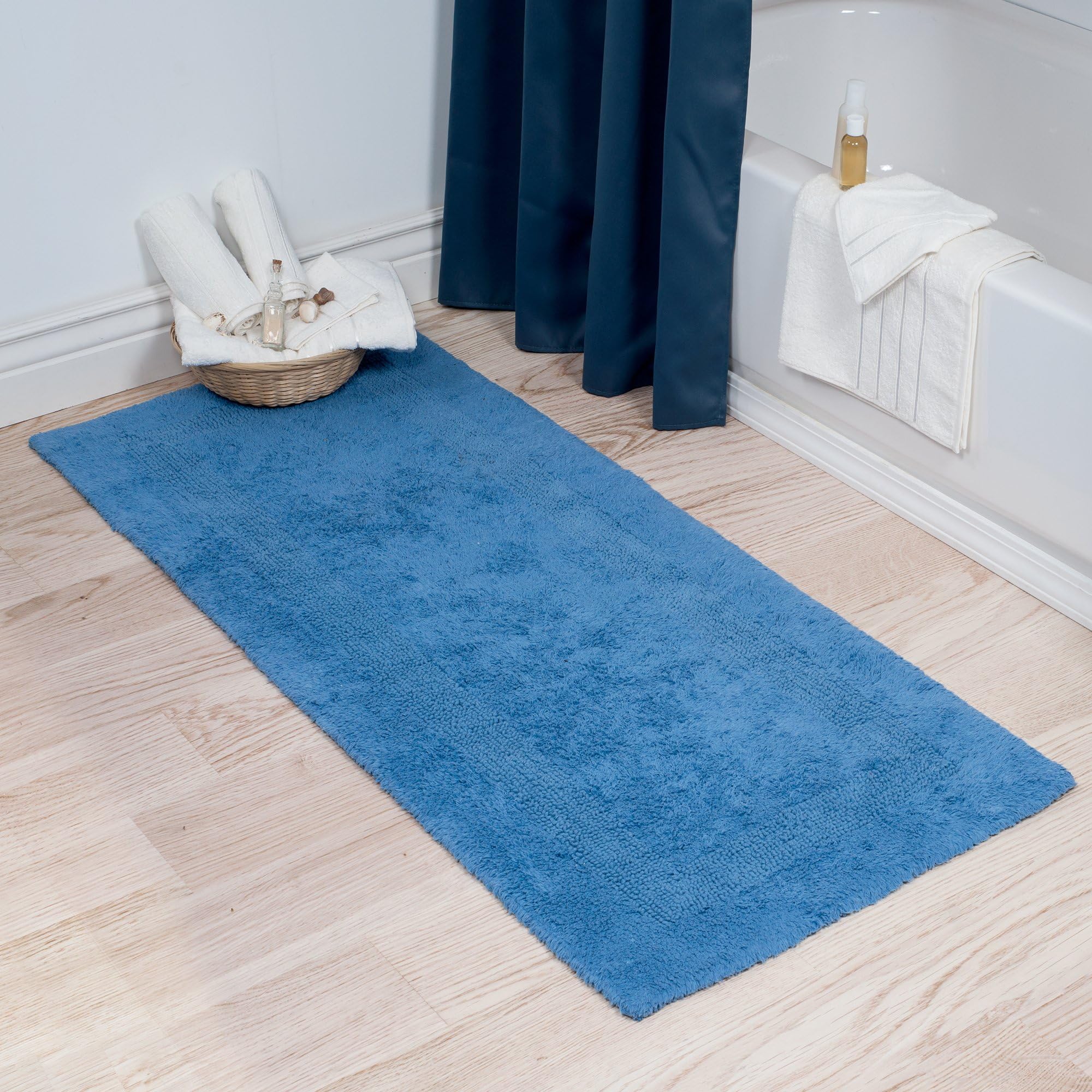 Reversible Long Bath Mat - 60x24-Inch Plush Cotton Bathroom Runner - Machine Washable Bath Mats for Bathroom, Kitchen, or Laundry Room (Blue)