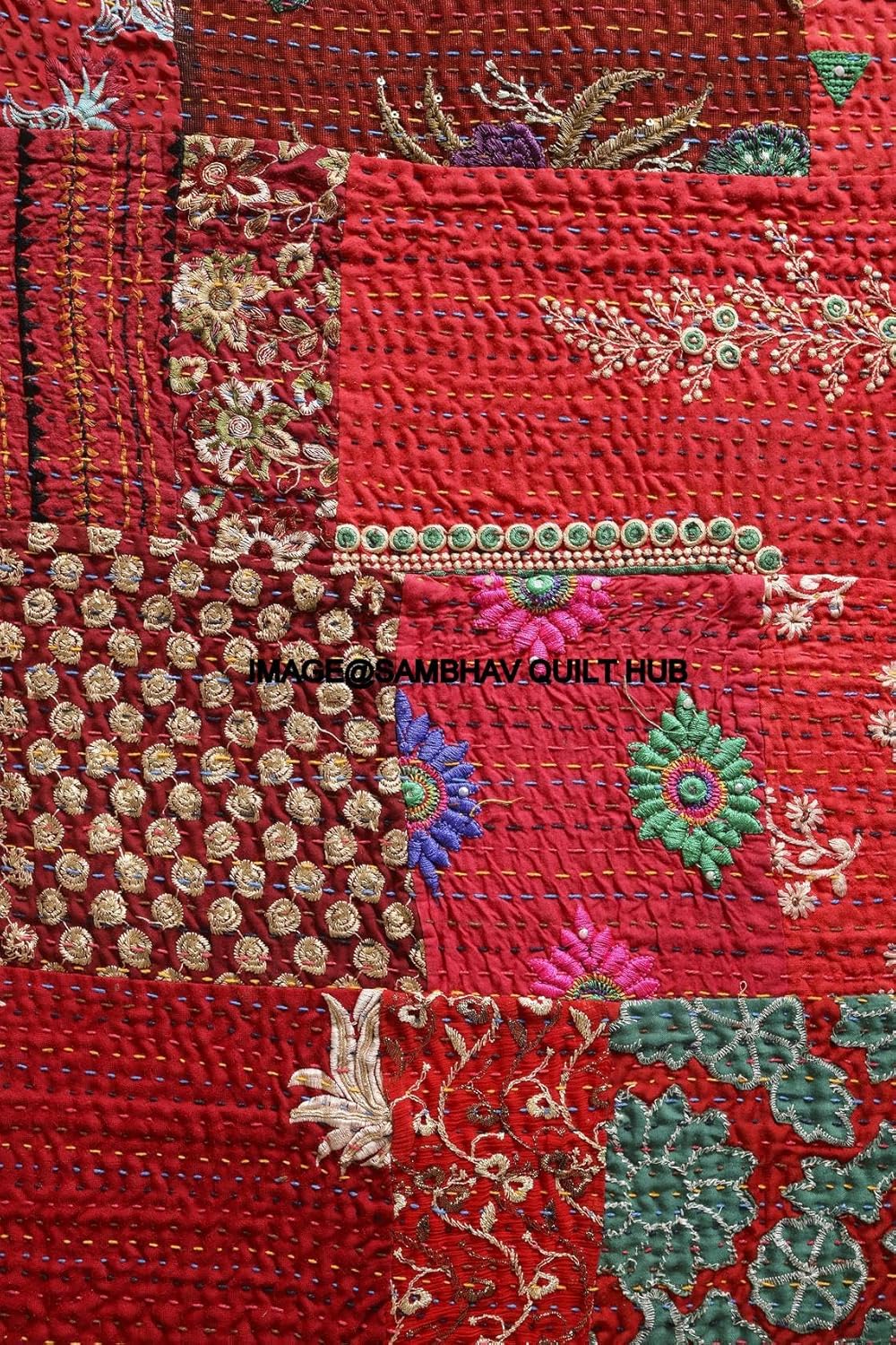 Indian Handmade Vintage Silk Sari Jari Patchwork Khambhadiya Kantha Quilting Embroidery Kantha Quilt Reversible Bed Cover Assoted Kantha Quilt Throw Blanket Twin/Queen/King (90X108 inch)
