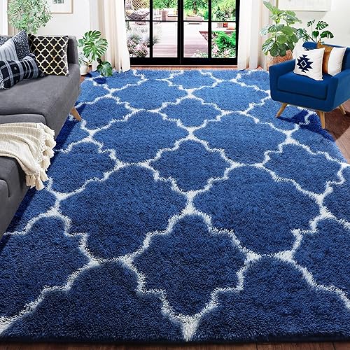 Amdrebio Navy Blue and White Rug for Bedroom, 5x7 Rug, Soft Fluffy Fuzzy Area Rugs for Living Room, Morrocan Furry Shag Rug for Kids Boys Room Playroom, Faux Fur Indoor Carpet Rug for Dorm Classroom