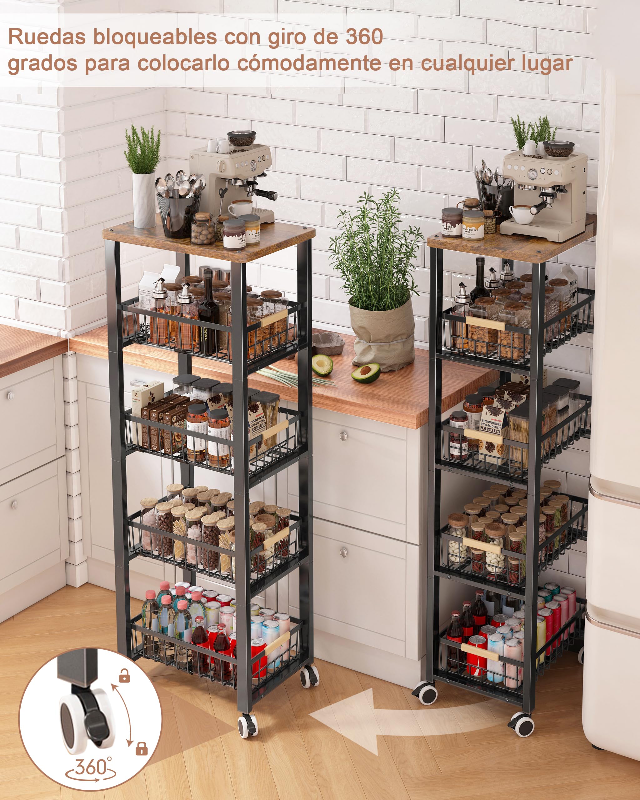 Verdulero Cocina con Ruedas,Carrito de Cocina con Ruedas 5 Niveles,Verdulero Cocina de Placa Superior, Negro