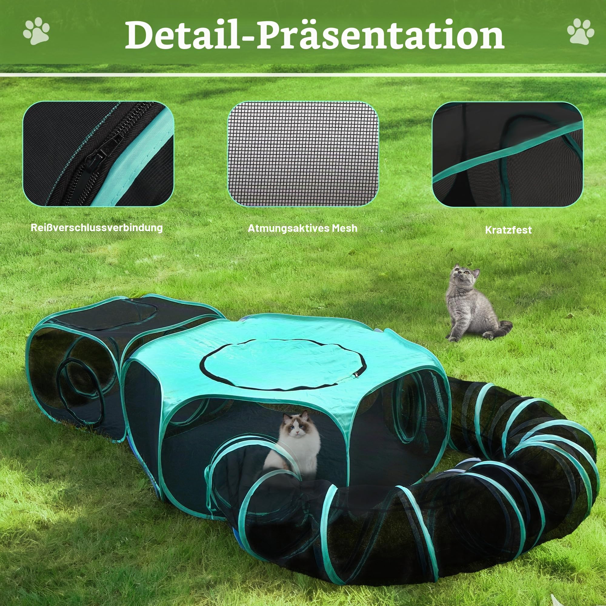 Großes Freigehege für Katzen Pop-Up Zelt, Tragbare 3-in-1 Modulare Katzenvoliere mit Vernetzten Fenstern für Innen & Außen, Reise, Garten, Park
