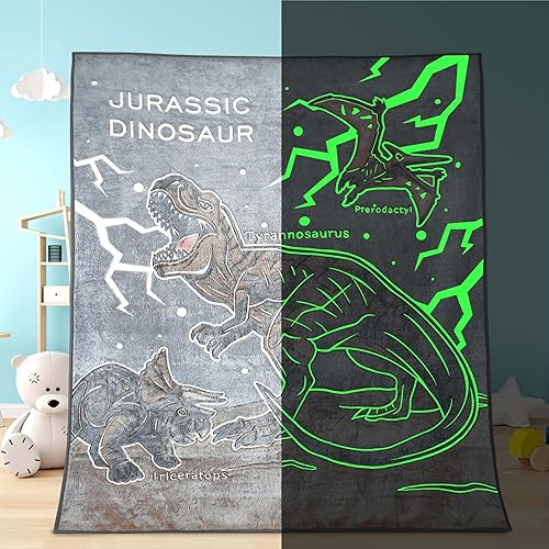 JWXCBIM Manta de dinosaurio para niños, manta de tiranosaurio que brilla en la oscuridad, manta de franela Jurassic Dino World para niños, regalo de