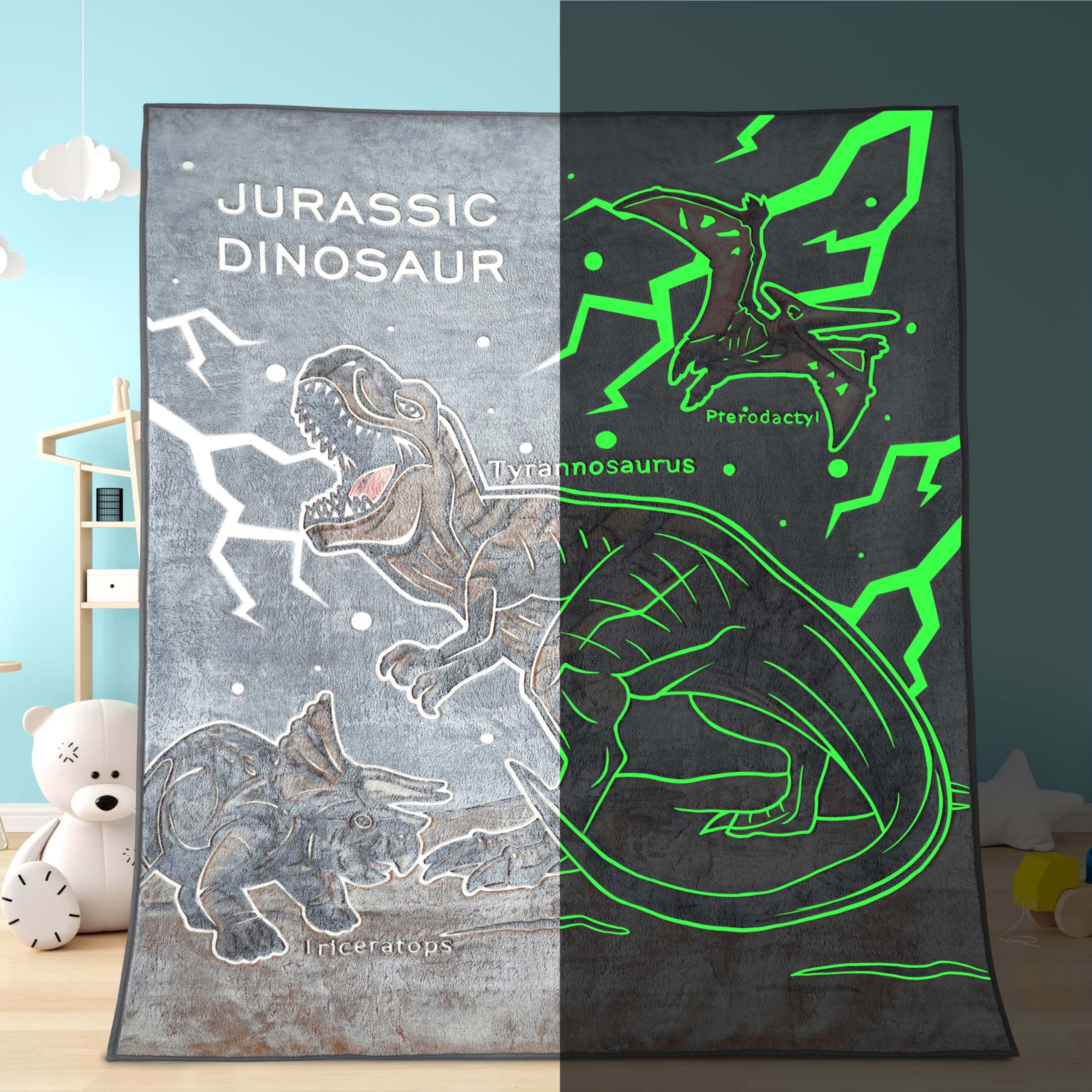 JWXCBIMDinosaur Blanket for Boys, Tyrannosaurus Glow in The Dark Blanket, Jurassic Dino World Kids Flannel Blanket, Children's Birthday Dino Stuff Gift, Park T-Rex Plush Toys 50x60 Inches