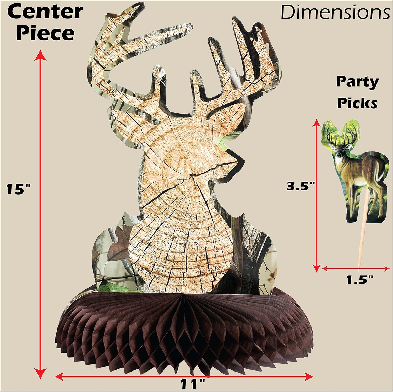 Havercamp Party Buck Deer Hunting Decorations for 16 Guests: Deer Paper Plates 9in, Napkins, Table Cover, Balloon, Centerpiece, Banner, Picks