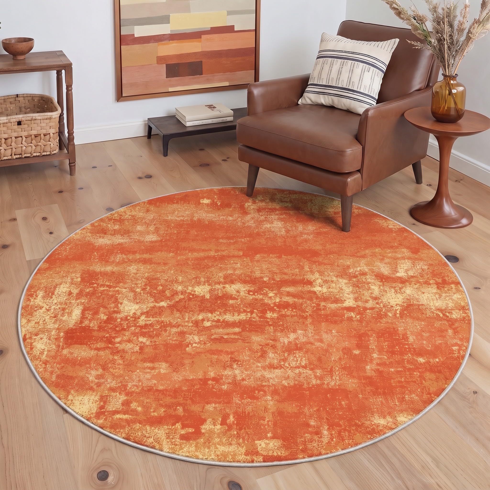 BEIMO 5FT Orange Abstract Round Rug, Washable Non-Slip for Bedroom