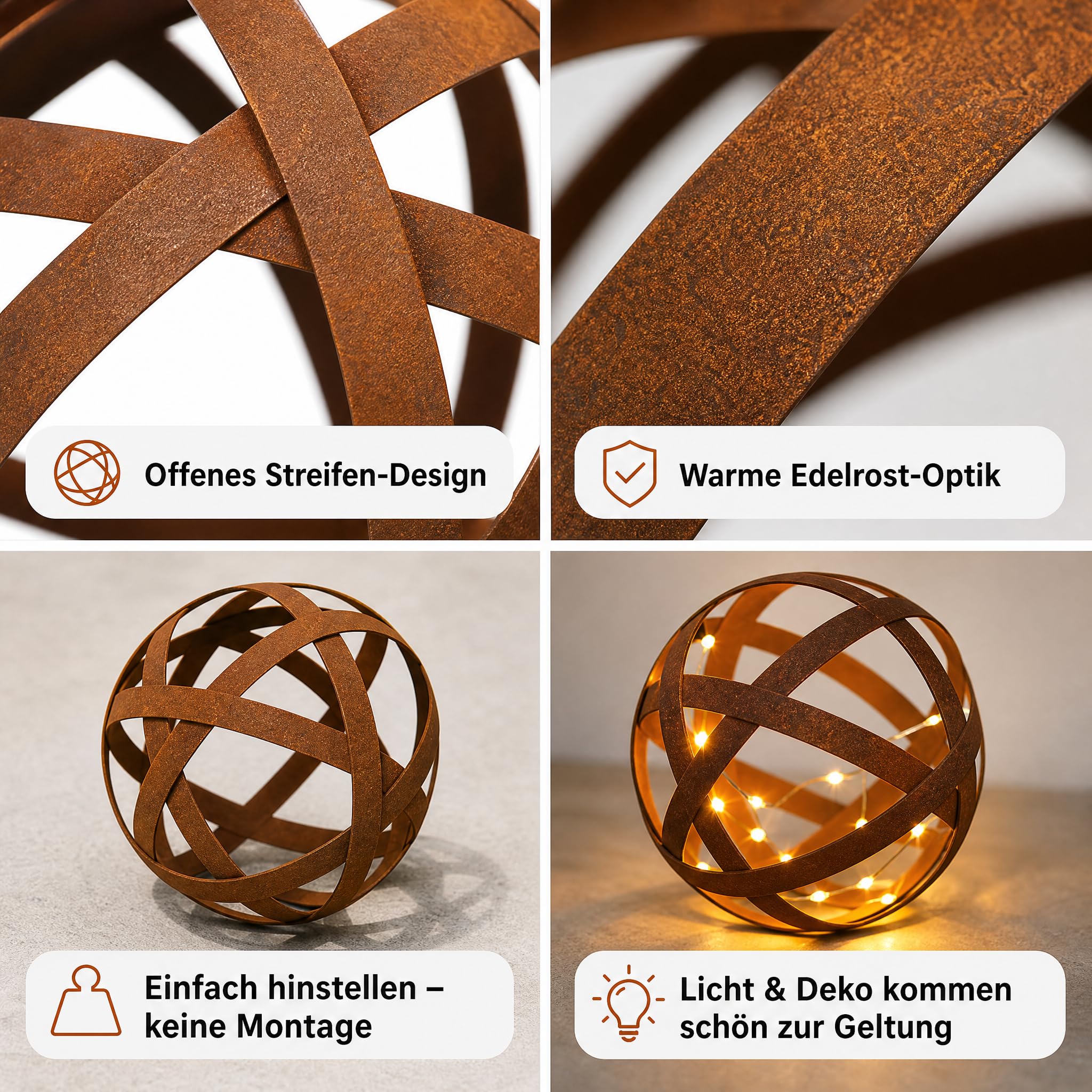 Gartendeko für draußen wetterfest – Rostdeko Kugel aus Metall in Edelrostoptik, offenes Streifen-Design, Ø 30 cm, Gartenkugel für Garten, Terrasse & Balkon