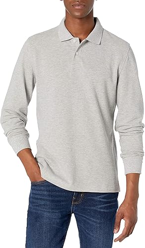 Amazon Essentials Men's Long-Sleeve Pique Polo Shirt, Light Grey Heather, Large
