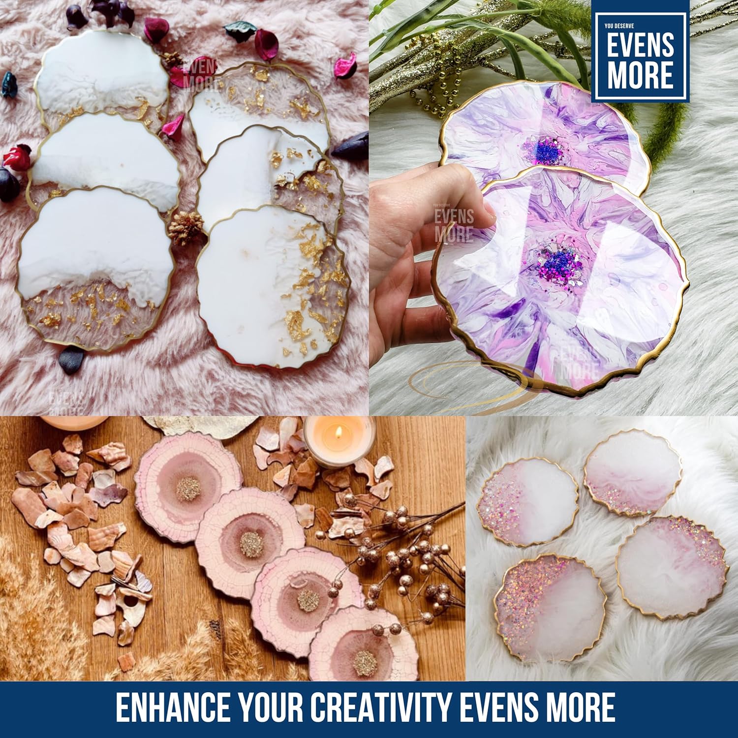 EVENS MORE DIY Resin 4 Inch Coaster Kit with Crystal Clear Resin and Glitter Round and Agate Mould