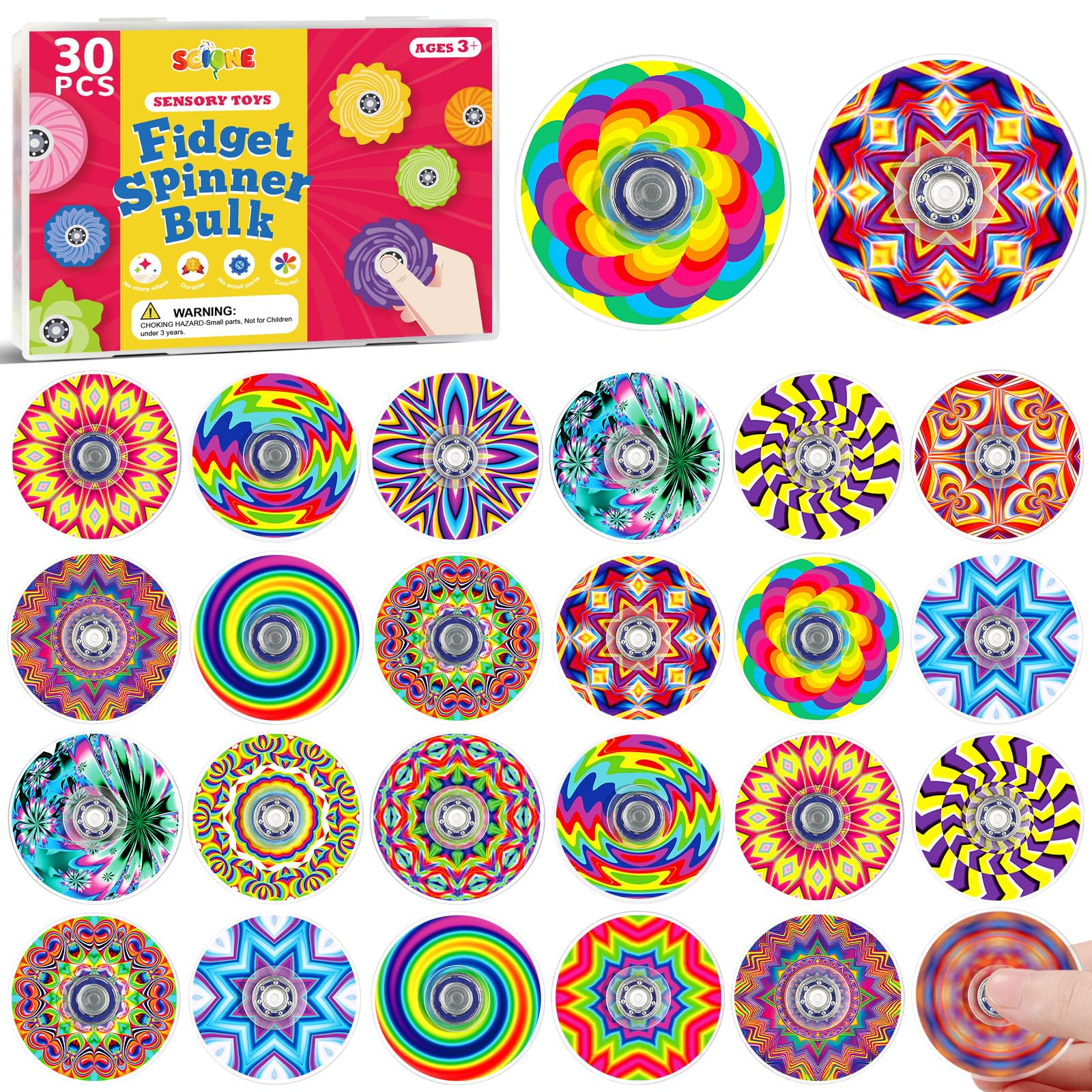 SCIONE 30 Pack Mini Fidget Spinners Party Bag Fillers for Kids, 15 Unique Kaleidoscope Patterns Acrylic Hand Spinners, Bulk Sensory Toys for Classroom Rewards, Pinata Fillers, 1.5"