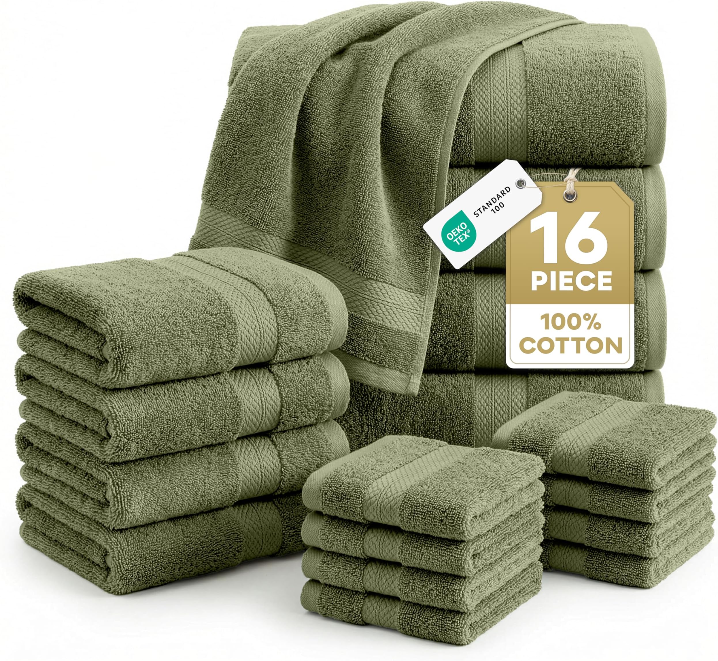 Lane Linen 100% Cotton Luxury Bath Towel Set - 16 Pieces - Ring Spun, Super Soft & Highly Absorbent - 4 Bath, 8 Washcloths, 4 Hand Towels for Bathroom - Minimal Lint & Fading, Pre Shrunk - Olive Green