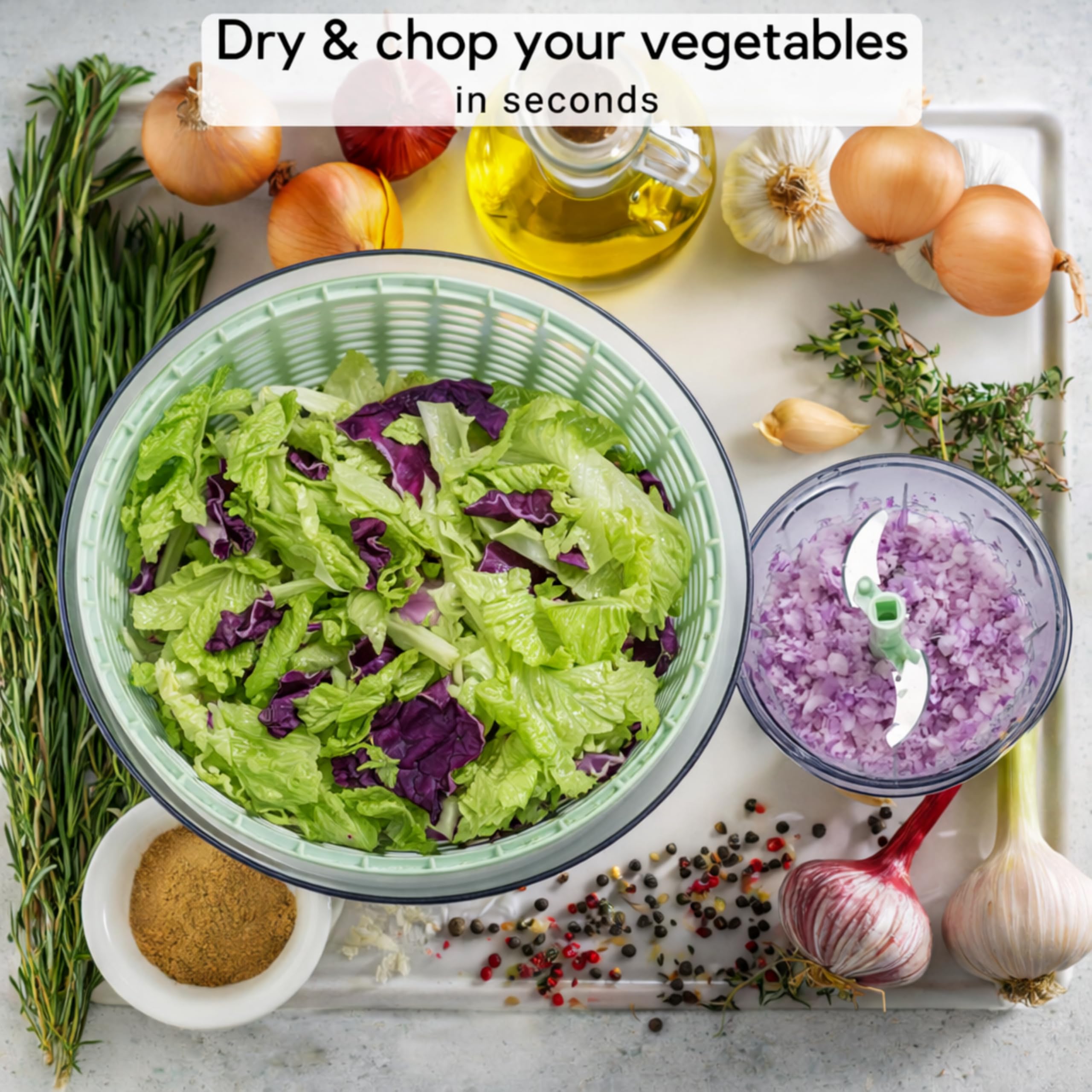 Brieftons Centrifugador y picador de ensalada: secadora grande de verduras de lechuga de 6 litros, con mezclador picador de verduras de 0,9 litros, almacenamiento compacto, fácil operación de empuje
