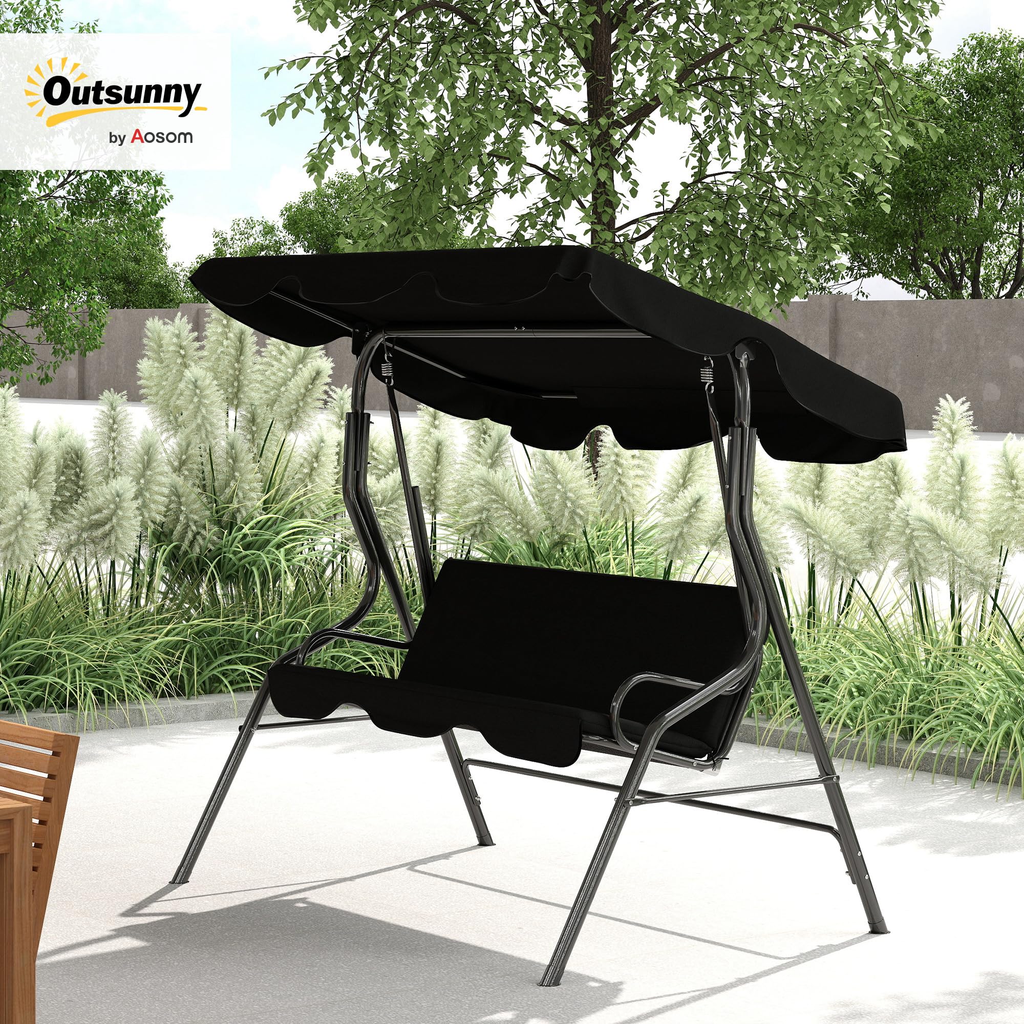 Outsunny Columpio de Jardín de 2-3 Plazas Impermeable 170x110x153 cm Negro | Balancín de Exterior, Toldo Ajustable en Ángulo, Marco de Acero, para Patio, Balcón