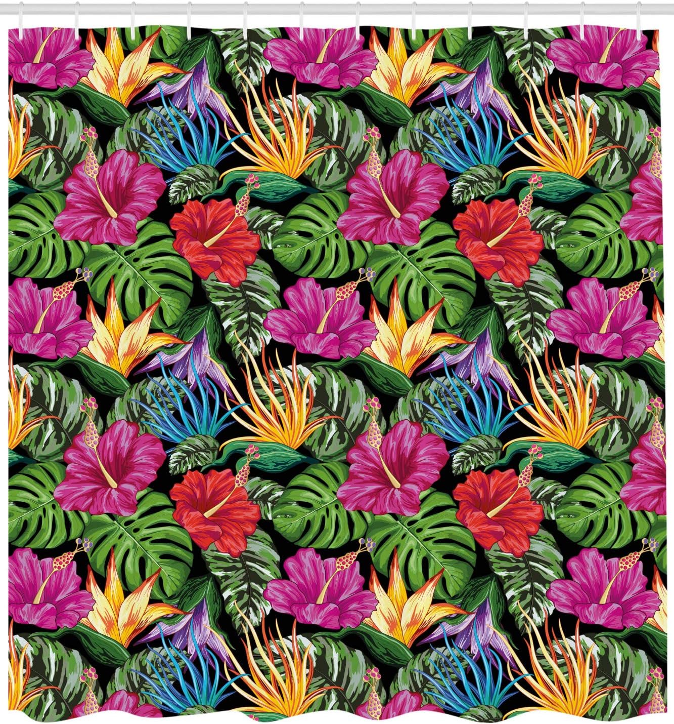 Lunarable Tropical Shower Curtain, Exotic Colorful Monstera Jungle Hibiscus Bloom Flowers Palm Leaves, Cloth Fabric Bathroom Decor Set with Hooks, 69" W x 70" L, Charcoal Grey Multicolor