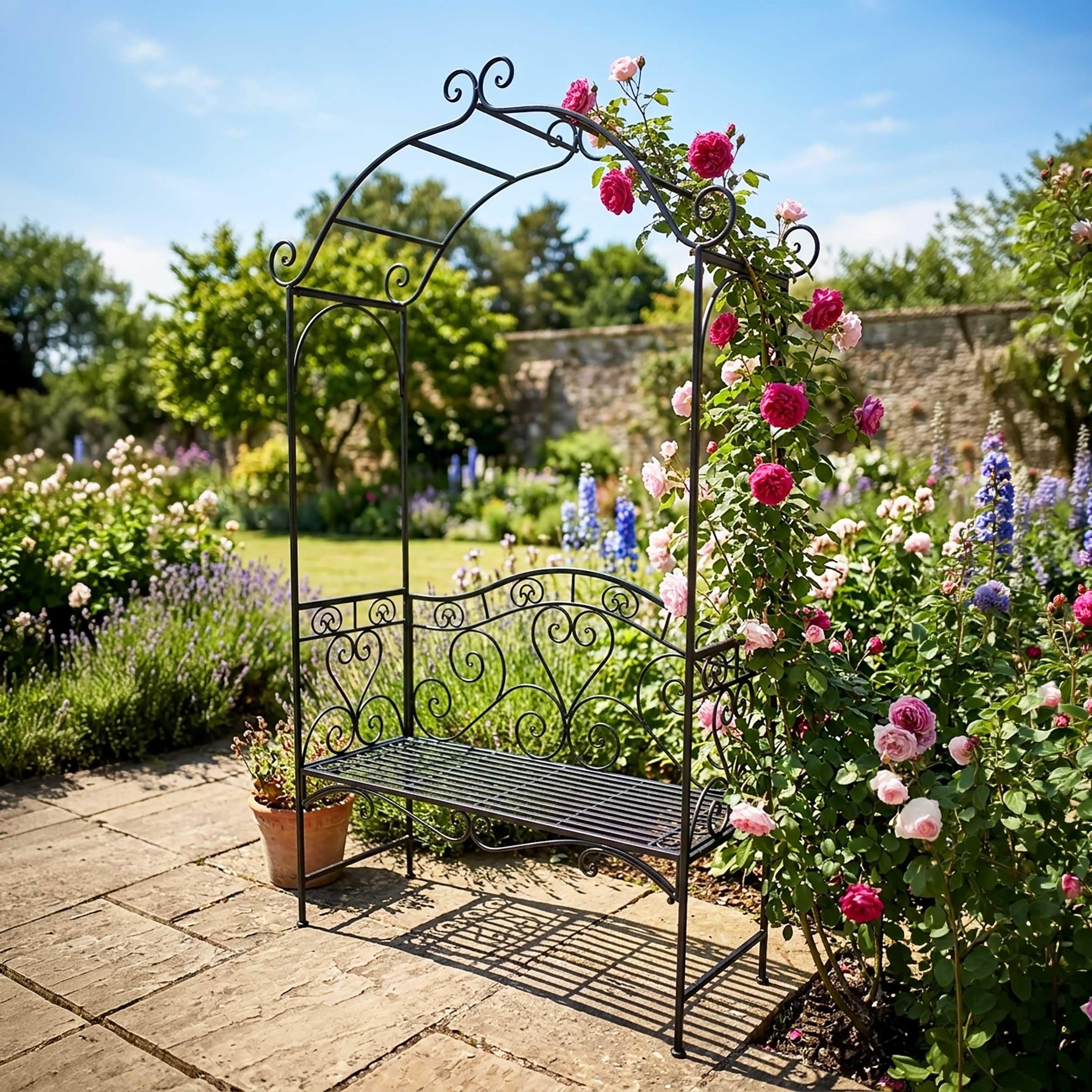 Metalowa ławka do siedzenia z łukiem różanym – 200 x 124 x 48 cm – Outdoor Lounge ławka ogrodowa z różami dekoracja 2-osobowa