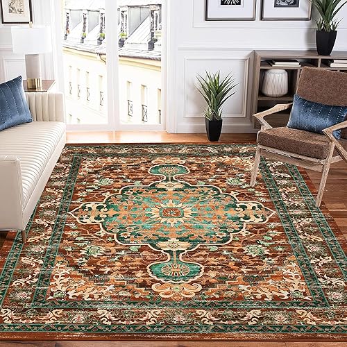 U'Artlines Boho Vintage Area Rug 5x7 Machine Washable Low Pile Ultra-Thin Soft Floor Carpet Non Slip Non Shedding Accent Rug for Living Room Bedroom Entryway Dining Room Office(Rust＆Teal)