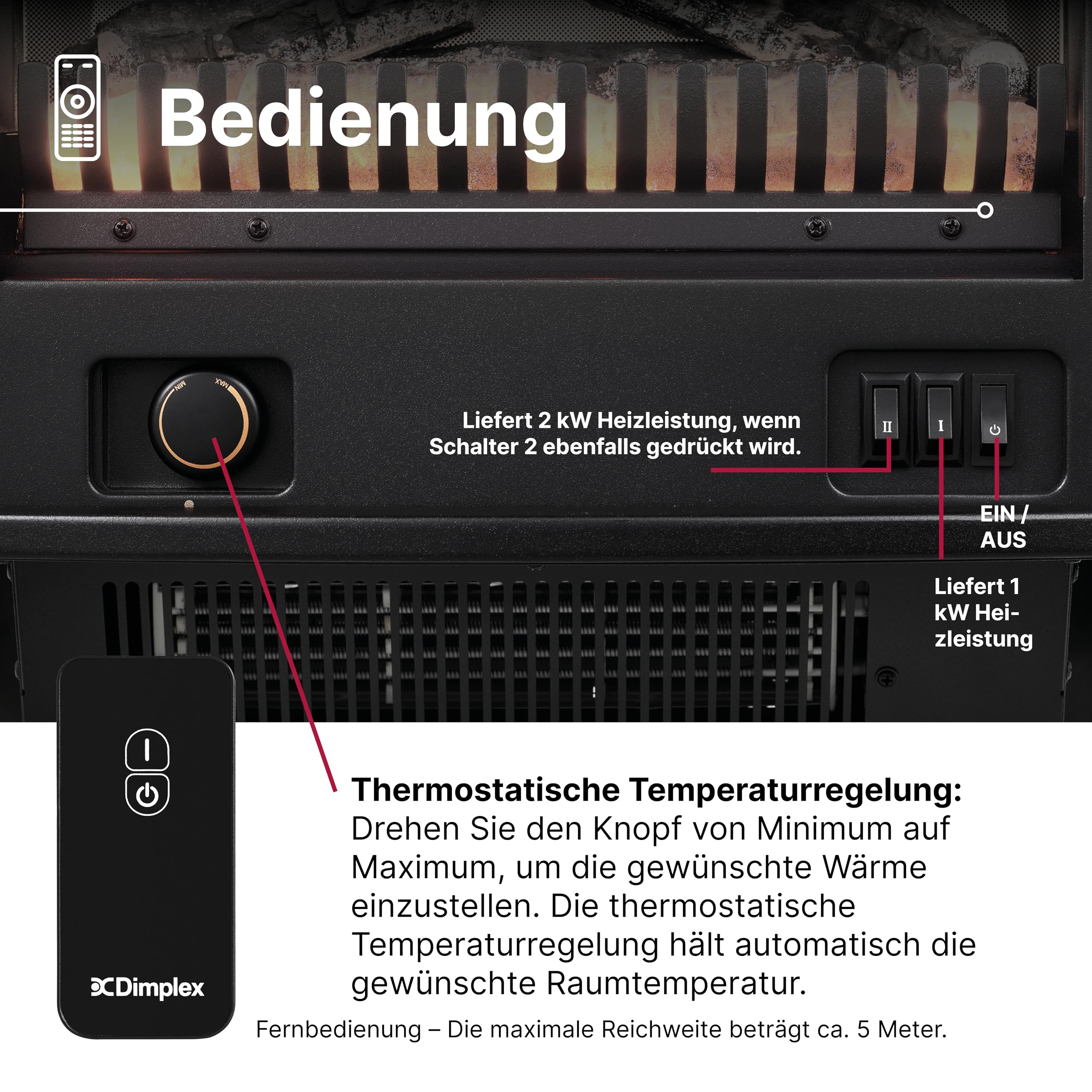 Dimplex Springborne Elektrokamin - Freistehender Elektrokamin mit Heizung und Optiflame LED-Flammeneffekt - Zuschaltbare 2kW Heizung - Inklusive Thermostat und Fernbedienung