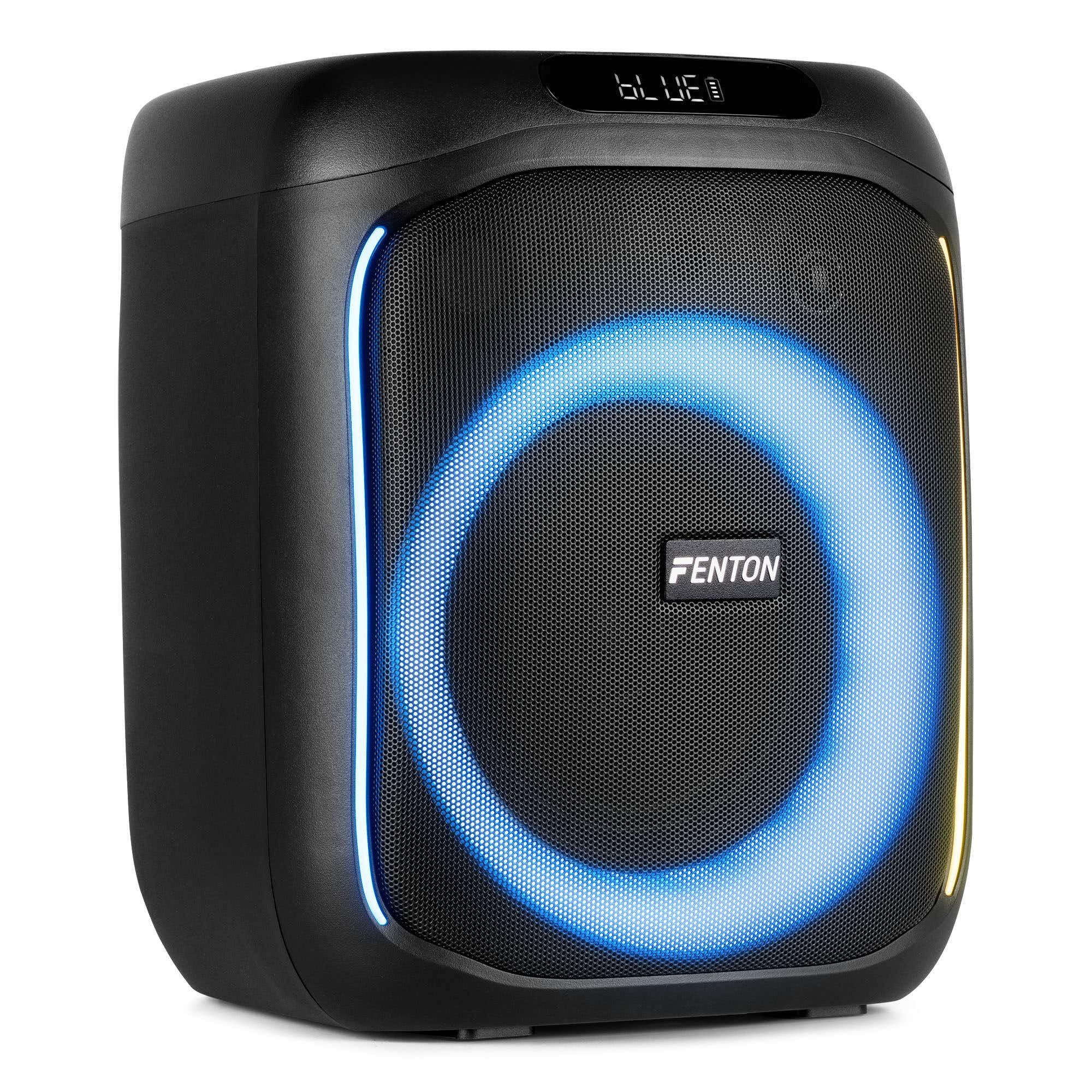 Fenton Track160 - Altoparlante Bluetooth portatile 100 W con batteria ricaricabile, luci LED, USB, microSD, doppio ingresso microfono, altoparlante portatile potente Karaoke Machine compatibile